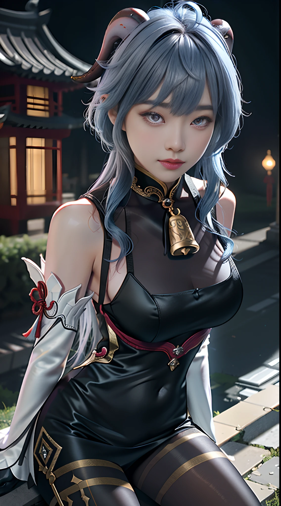 Masterpiece, (Photorealistic:1.5), Best quality, Beautiful lighting, Real life, Ganyu \(Genshin Impact\), 1girll, ahoge, architecture, bangs, Bare shoulders, bell, Black gloves, Black pantyhose,eyes beautiful, (Blue hair), Blush, Breasts, Chinese knot, Detached sleeves, east asian architecture, flower knot, mitts, Horns, Long hair, view the viewer, Medium breasts, Neckbells, Night, Outdoors, Pantyhose, Purple eyes, side locks, Solo, nipple tassels, White sleeves, (Ulzzang-6500:0.5) , Intricate, High detail, Sharp focus, Dramatic, Beautiful girl , (RAW photo, 8K UHD, filmgrain), Caustics, Subsurface scattering, Pondering ,