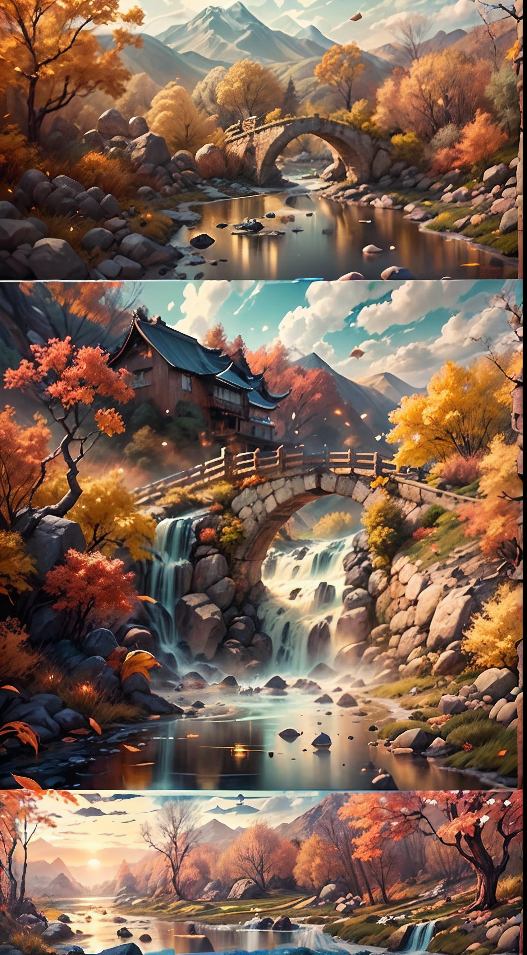 （Small bridges and flowing water，Ancient road west wind thin horse，Sunset，Broken intestines are at the end of the world）（Ancient trails lead into the distance），（A small arch bridge spans a small river:1.1)，(The river meanders into the distance），（The sky is windy，Fluttering yellow leaves），（A skinny white horse is pacing:1.1），（The vista is an oblique view of the sunset），（The afterglow of the setting sun shines through the clouds），（Autumn tones），（Ancient Chinese feng shui landscape painting style），（Masterpiece），（A complete painting），（Extremely detailed picture），（light and shadow effect），（Movie lighting），（cinema4d），（Light particle tracing），（rendering by octane），（Unreal 5），（Layered artistic effects），（Best Painting），（Master painting），（8K分辨率），photorealestic，realisticlying