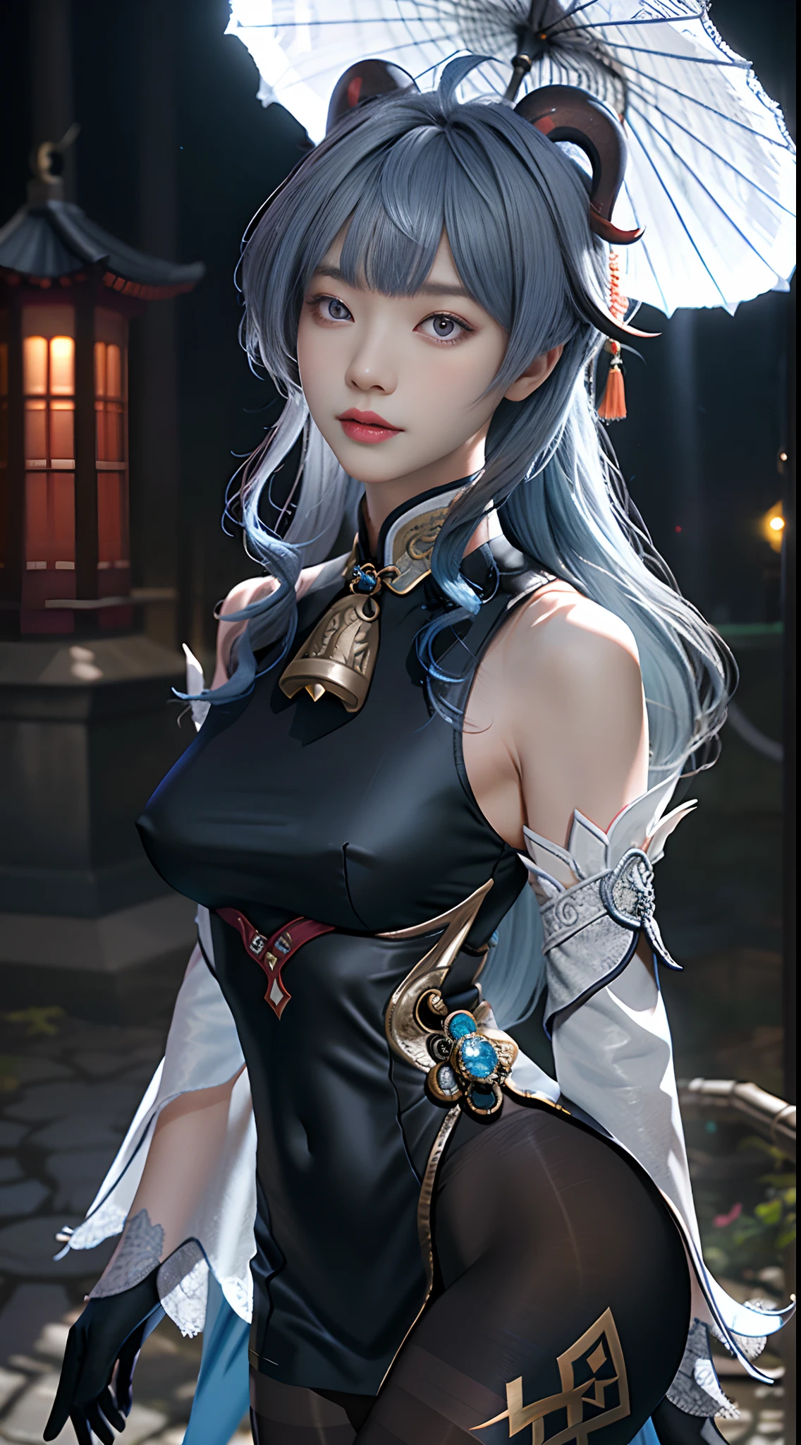 Masterpiece, (Photorealistic:1.5), Best quality, Beautiful lighting, Real life, Ganyu \(Genshin Impact\), 1girll, ahoge, architecture, bangs, Bare shoulders, bell, Black gloves, Black pantyhose,eyes beautiful， (Blue hair), Blush, Breasts, Chinese knot, Detached sleeves, east asian architecture, flower knot, mitts, Horns, Long hair, view the viewer, Medium breasts, Neckbells, Night, Outdoors, Pantyhose, Purple eyes, side locks, Solo, nipple tassels, White sleeves, (Ulzzang-6500:0.5) , Intricate, High detail, Sharp focus, Dramatic, Beautiful girl , (RAW photo, 8K  UHD, filmgrain), Caustics, Subsurface scattering, Pondering ,