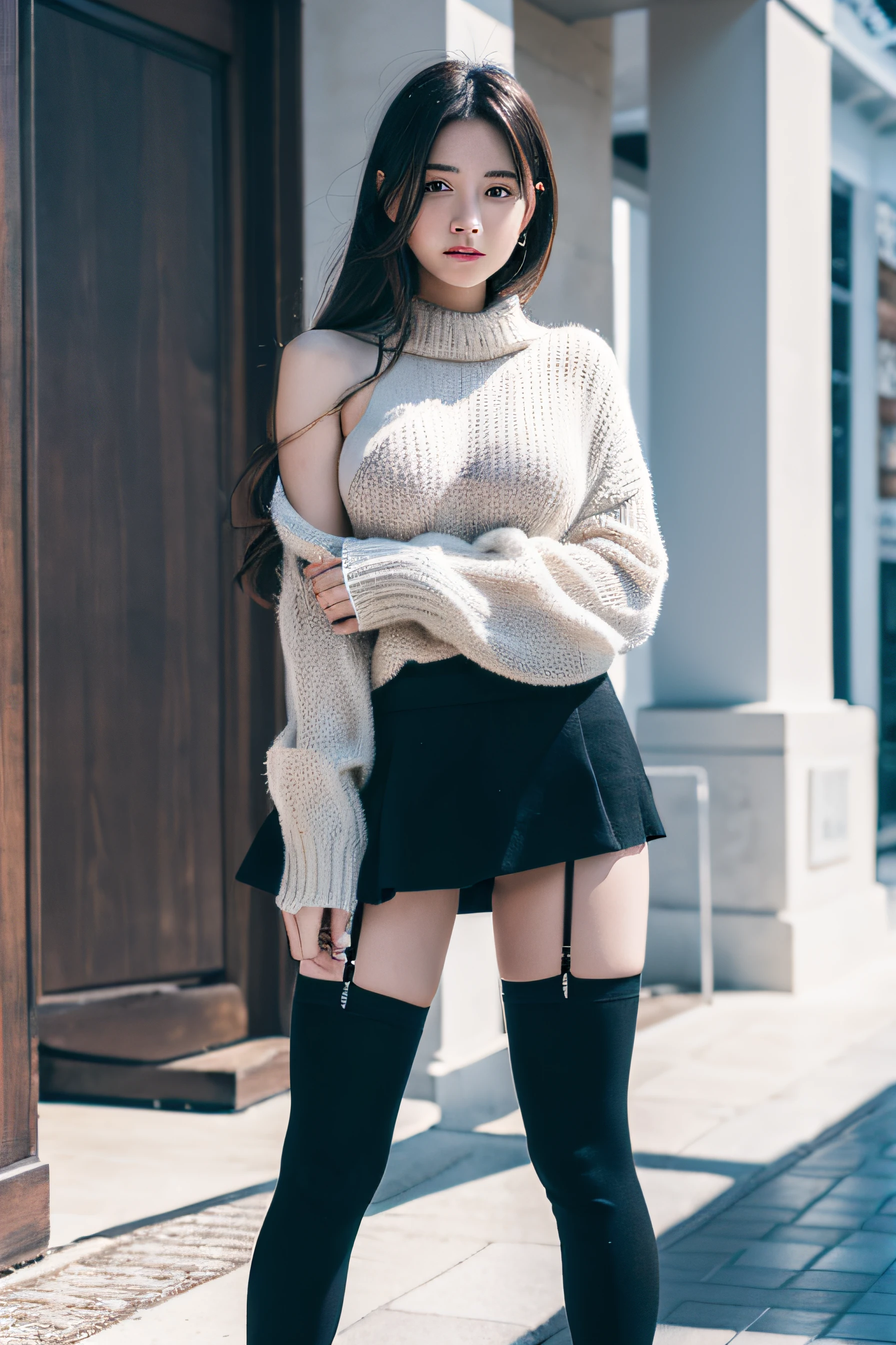 (RAW photo) Winters,snow landscape,a girl wearing an shoulder-length sweater and ((black skirt)), and (over-the-knee stockings), ((medium )), long hair, white underwear,long sweater,depth of fields,Real light,Ray traching,OC renderer,UE5 renderer,Hyper-realistic,best qualtiy,8K,Works of masters,super-fine,Detailed pubic hair,Correct anatomy.