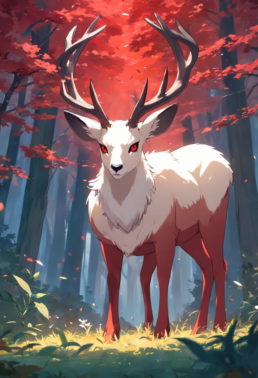 a detailed anime drawing of a huge calm ((white)) male deer resembling the ((pokemon xerneas)) with ((deep red eyes)) that gives off a dangerous aura with large dangerous antlers laying down while looking at the camera