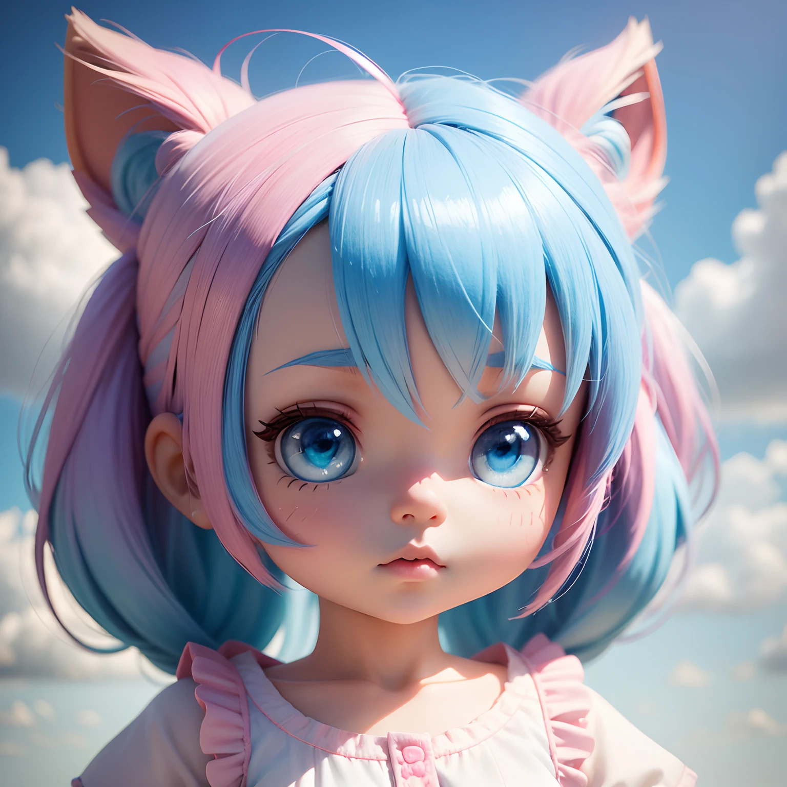 Create a CHIBI style doll, 3D, of a cute girl, blue eyes, pink and blue hair in pastel tones, Band Aid hearts glued to her nose, on a pastel blue background and white clouds.