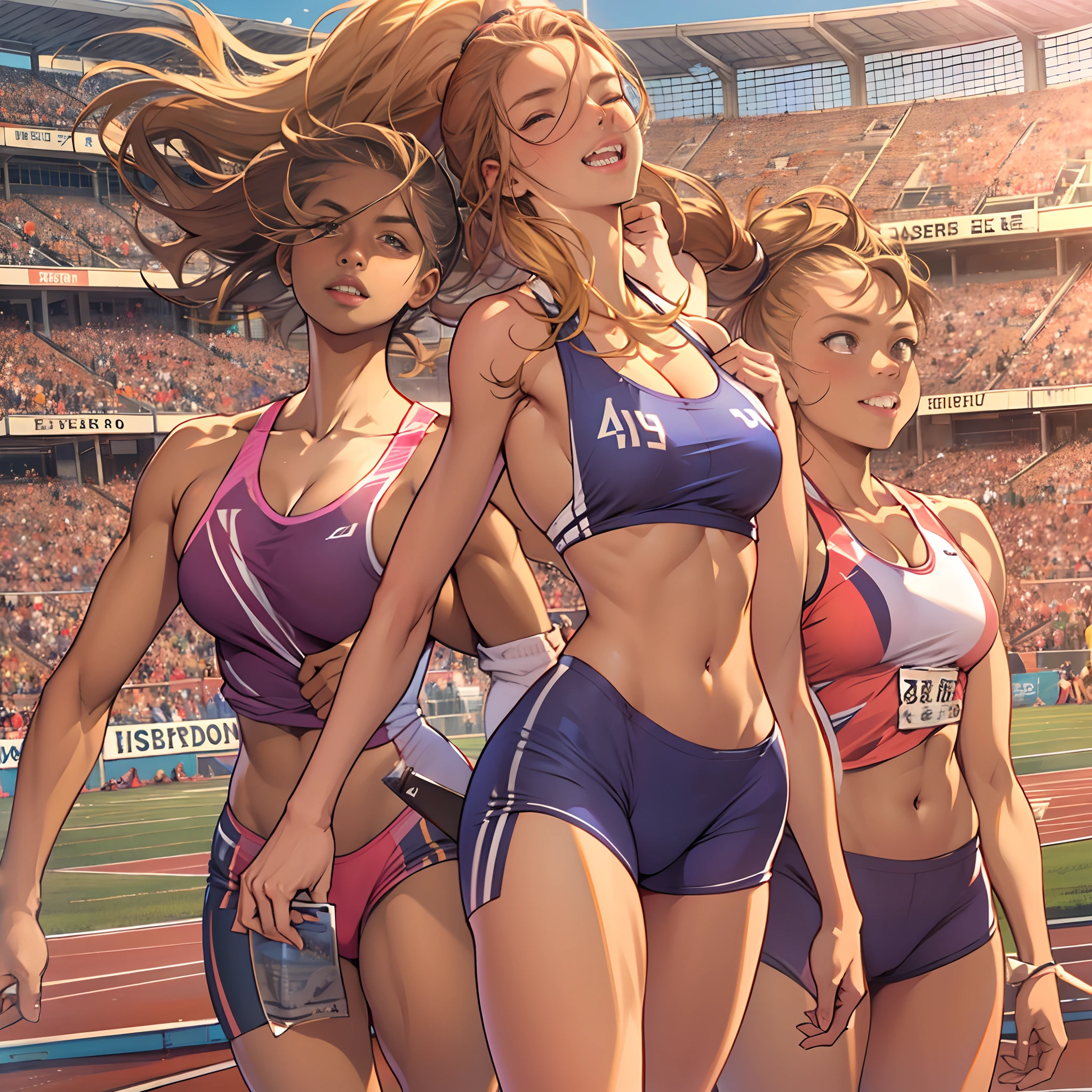 Female track and field athletes,wholesome,big breasts beautiful,self-assured,The background is a sports field track,Stands and spectators