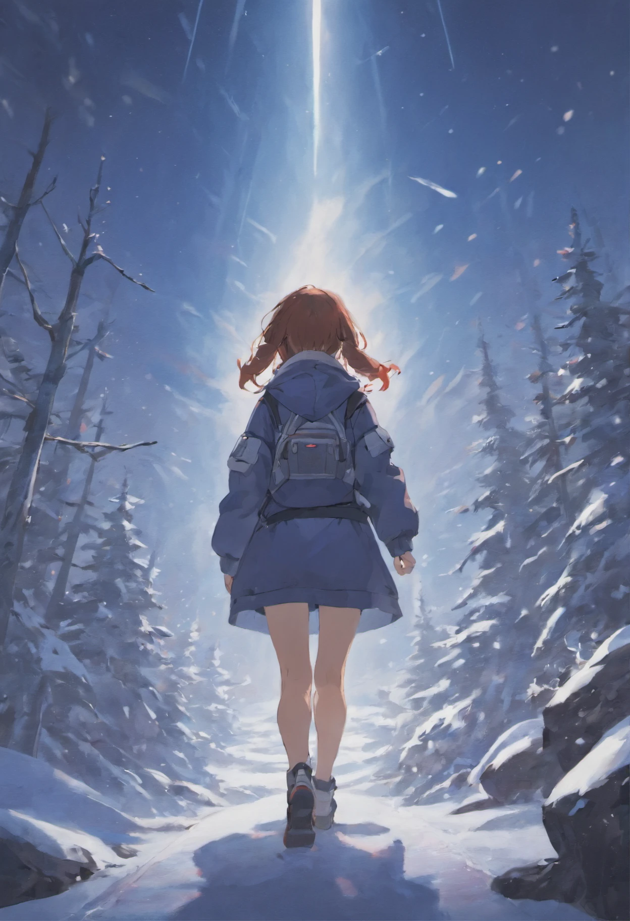 Broad lens,A girl walks towards the top of a snowy mountain,Back Shadow,Go ahead,full bodyesbian,mountain peaks,Solo,tmasterpiece,Beautiful