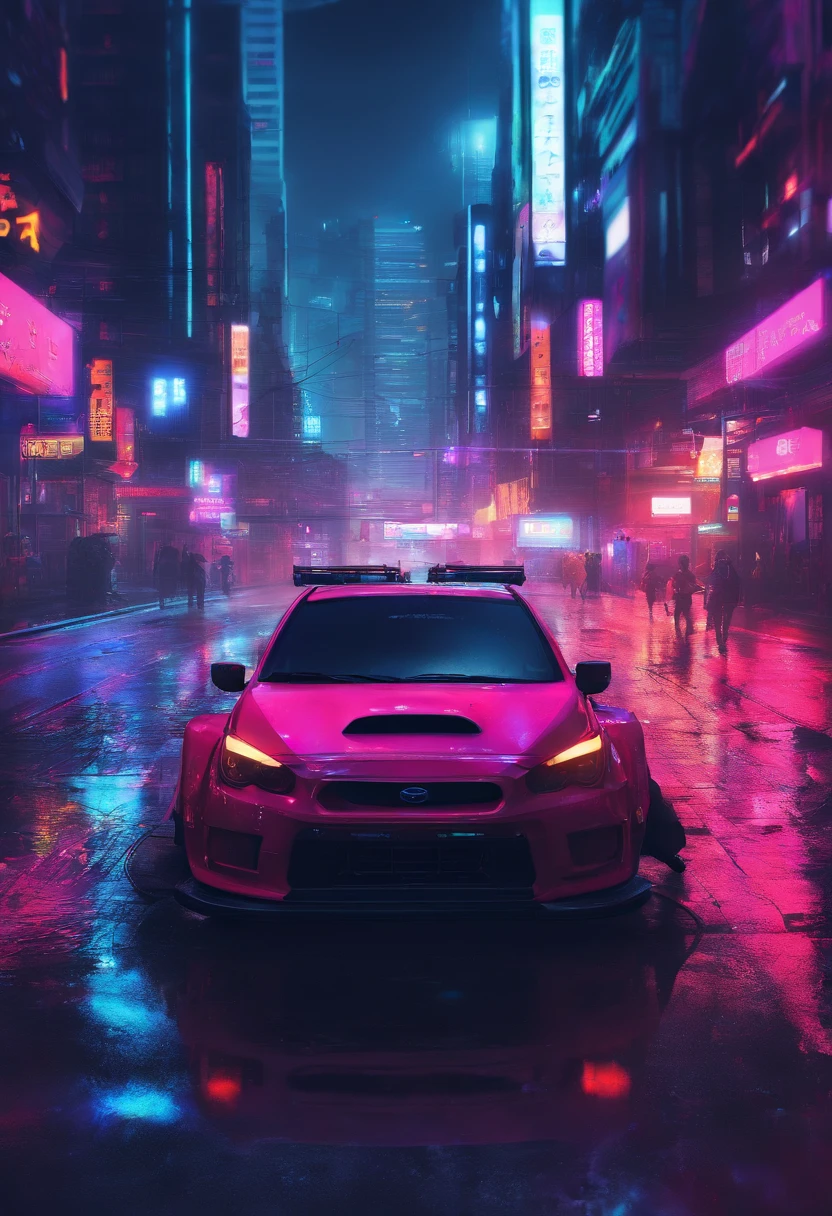 night, rain ,blue red lights one the streets, Subaru impreza wrx sti, 4k, city, a little smoke on the street, best quality, Ultra-detailliert, realistisch,Meisterhafte Kunstfertigkeit, die sich in jedem Detail zeigt. cyberpunk, night, Neon-lit streets, Verfolgungsjagd mit der Polizei, Japanese drift cars, jdm,