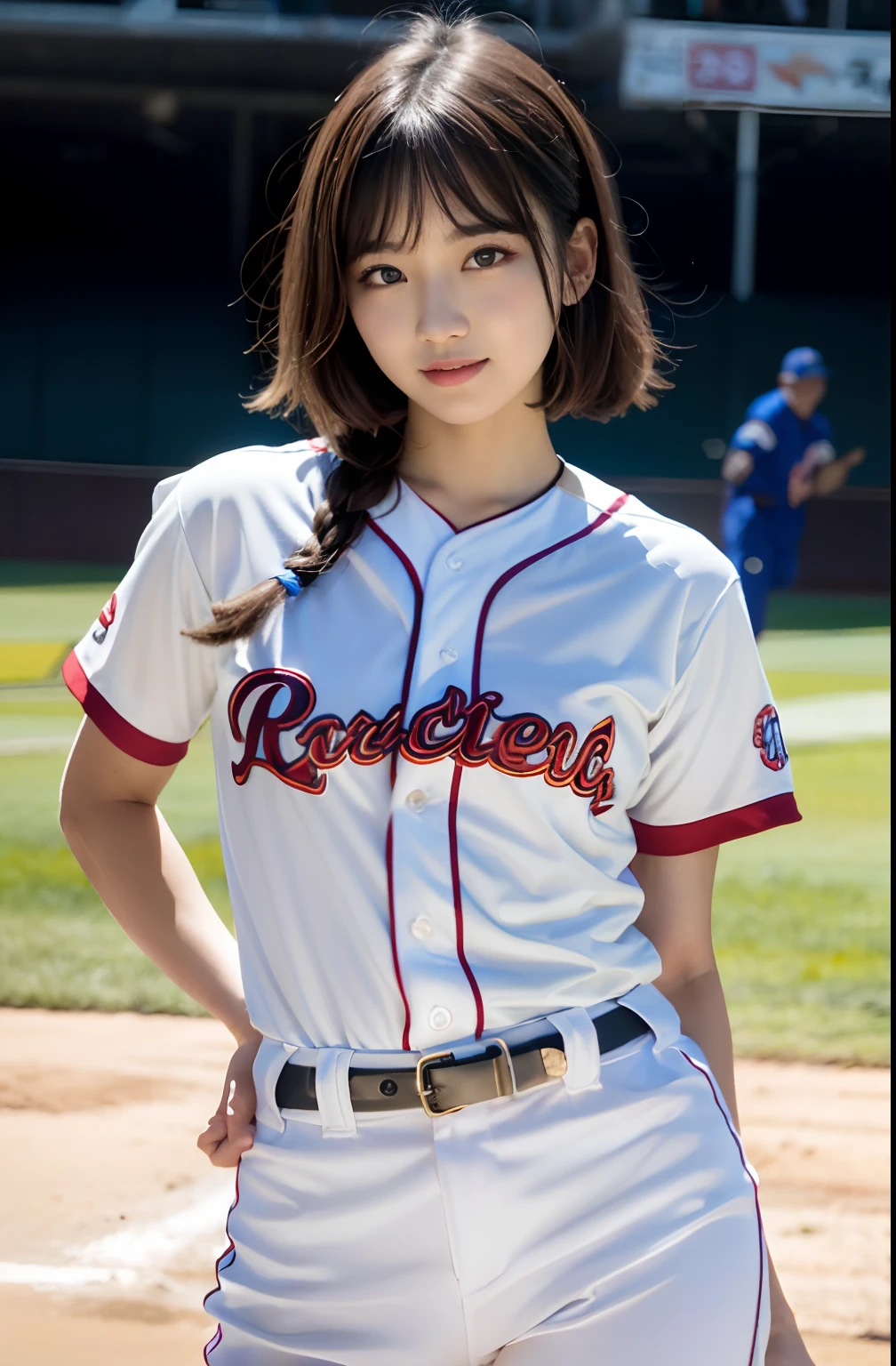 (8K, Raw photo, top-quality, masterpiece: 1.2), masterpiece, super detailing, Ultra-high decomposition energy A, (Realistic and realistic photos: 1.37), high-definition RAW color photography, Very delicate and beautiful., About Igree, 8K Wallpaper, astonishing, detaileds, extremely detailed eye, highlydetailed skin, extremely detailed fingers, highly detailed nose, highly detail mouth, perfect anatomia,1girll, (Baseball Uniforms), hazy, blured background, Blurred foreground, blush, braid, pectoral muscles, depth of fields, eyebrows visible through hair, Frild, hair between eye, Baseball Stadium, Short white pants、Short hair, Solo, Colossal tits、乃木坂アイドル、韓国アイドル、hposing Gravure Idol、 Star、18year old、tall、韓国アイドル、乃木坂アイドル、 Star、hposing Gravure Idol、((full body Esbian)), ((Gravure Pose))