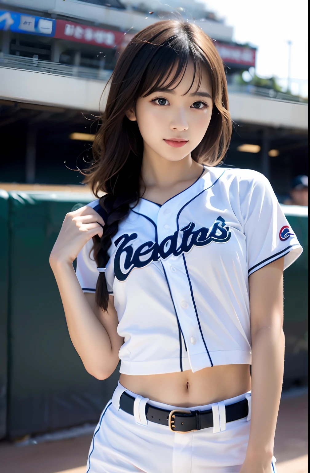 (8K, Raw photo, top-quality, masterpiece: 1.2), masterpiece, super detailing, Ultra-high decomposition energy A, (Realistic and realistic photos: 1.37), high-definition RAW color photography, Very delicate and beautiful., About Igree, 8K Wallpaper, astonishing, detaileds, extremely detailed eye, highlydetailed skin, extremely detailed fingers, highly detailed nose, highly detail mouth, perfect anatomia,1girll, (Baseball Uniforms), hazy, blured background, Blurred foreground, blush, braid, pectoral muscles, depth of fields, eyebrows visible through hair, Frild, hair between eye, Baseball Stadium, Short white pants、Short hair, Solo, Colossal tits、乃木坂アイドル、韓国アイドル、hposing Gravure Idol、 Star、18year old、tall、韓国アイドル、乃木坂アイドル、 Star、hposing Gravure Idol、((full body Esbian)), ((Gravure Pose))