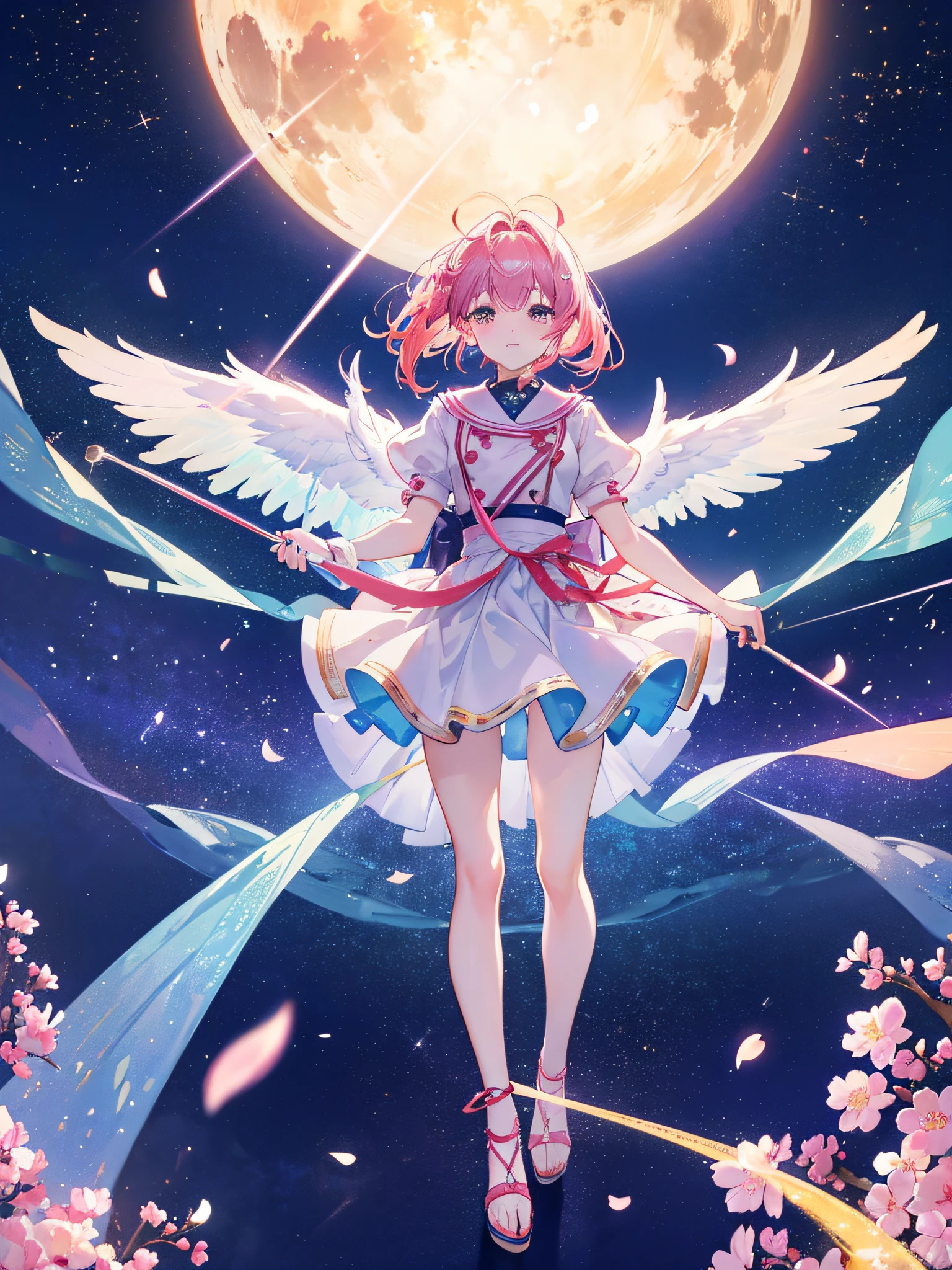 Sakura Card Captors, making victory sign, Kero-chan flying by her side, card symbolism, falling magic cards, full body, photography, (ultra-realistic), {extremely detailed 8k CG unit wallpaper}, photography expansive landscape, (an overhead view that prioritizes character and setting, wide open field view), (high angle shot), (high light: 1.7), (low light: 1.0), (warm light source: 1.5), Intricate details, (iridescent colors: 1.7), (bright lighting), (atmospheric lighting), dreamy, magical, Anime Cards reference