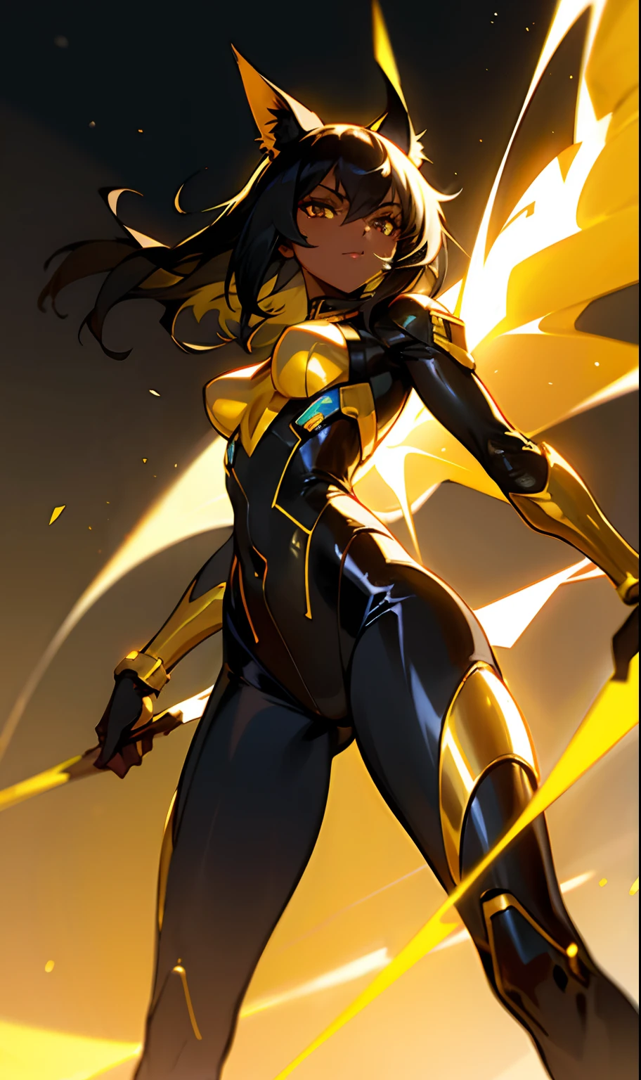 1girl (Kitty Pryde, white skin, brown eyes, long brown hair, black and yellow costume, shoulders on display, posing for a photo on the street (masterpiece, master quality, higghres, detailed background, dynamic lights, best shadows)
