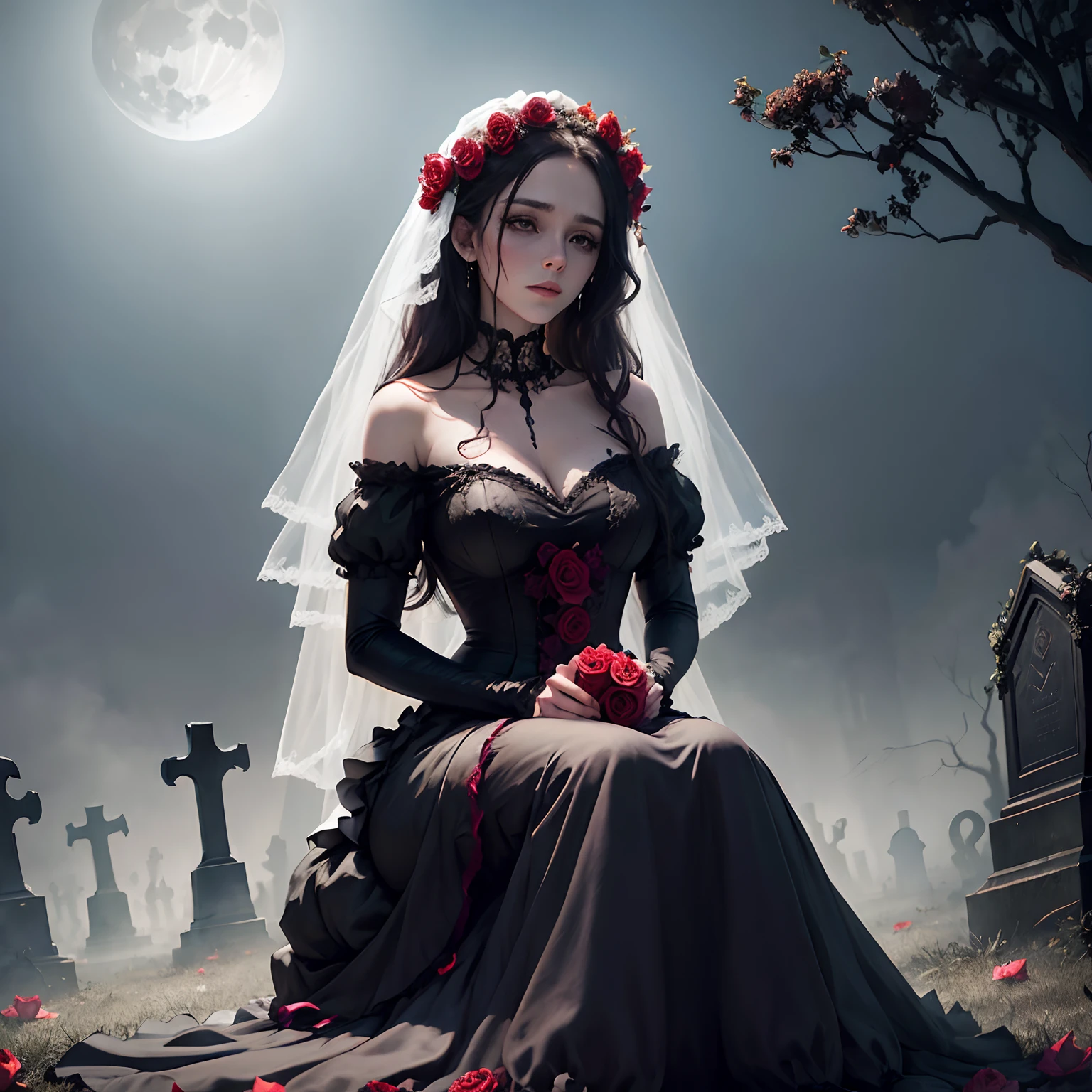 Noiva morta viva, vestido manchado de sangue, macabre cemetery scenery, em volta uma neblina sombria, em noite de lua cheia, imagem perfeita, realista, 8k