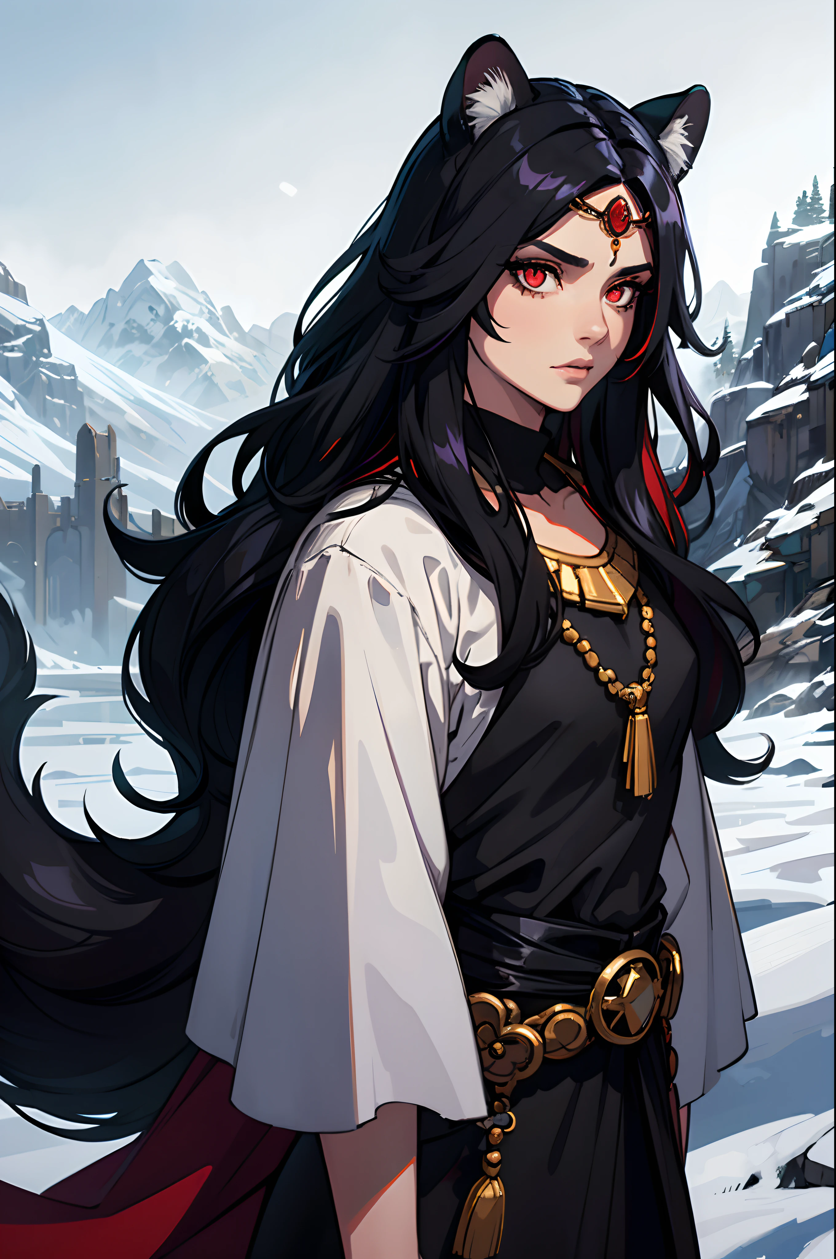 (masterpiece, best quality:1.2),1man, upper body, tail, large tail, black hair, very long hair, wavy hair, red eyes, detailed eyes, multicolored hair, circlet, bead necklace, animal ears, leopard ears, black cape, white attire, snowy, snowy mountains, blizzard, volumetric lighting, subsurface scattering, cinematic lighting, chiaroscuro, floating hair, hand on own chest, mature look, human ears covered by hair, black beard. male