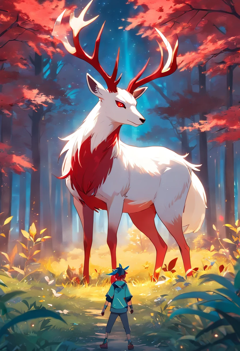 a detailed anime drawing of a huge calm ((white)) male deer resembling the ((pokemon xerneas)) with ((deep red eyes)) that gives off a dangerous aura with large antlers laying down while looking at the camera