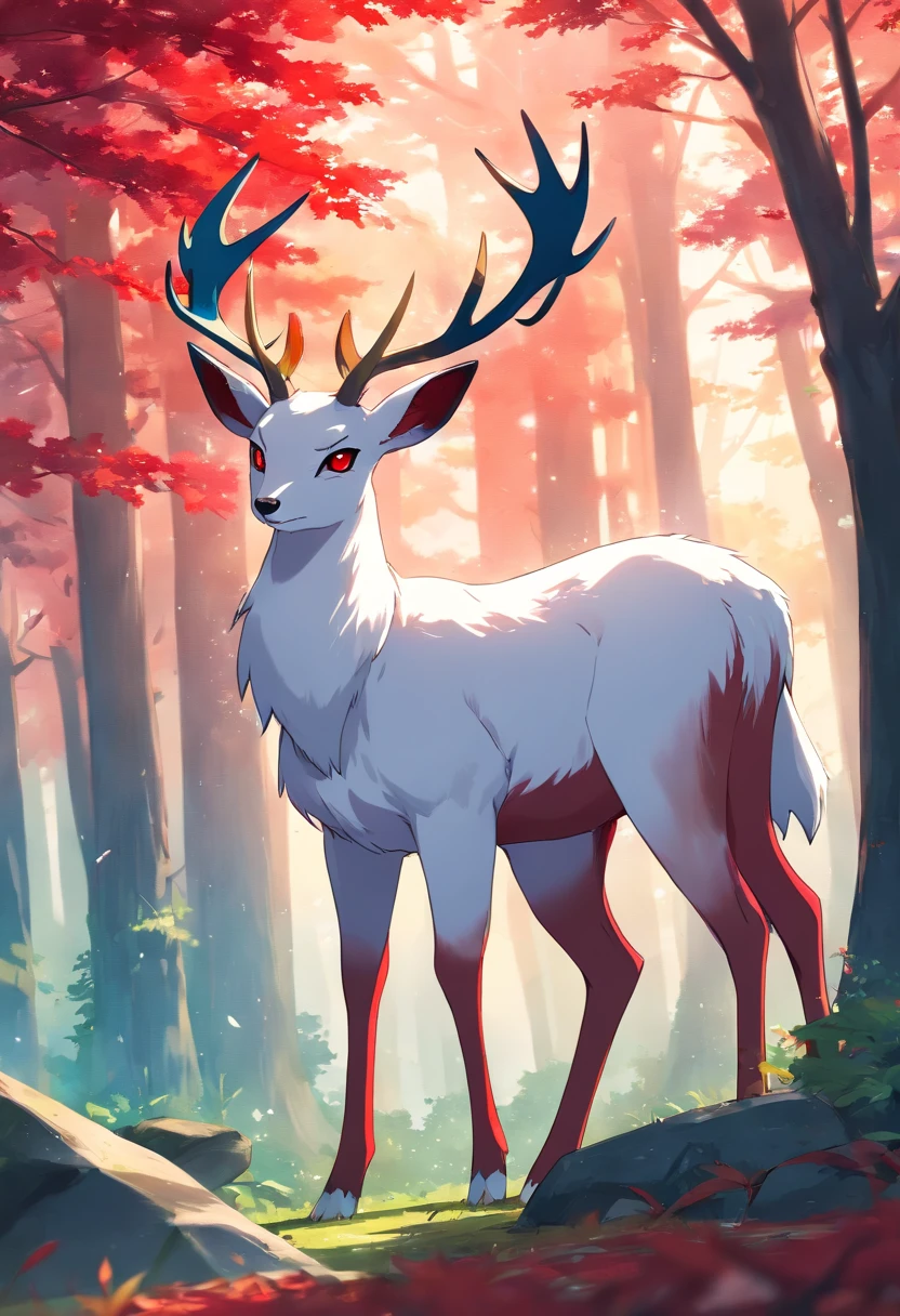 a detailed anime drawing of a huge calm ((white)) male deer resembling the ((pokemon xerneas)) with ((deep red eyes)) that gives off a dangerous aura with large antlers laying down while looking at the camera