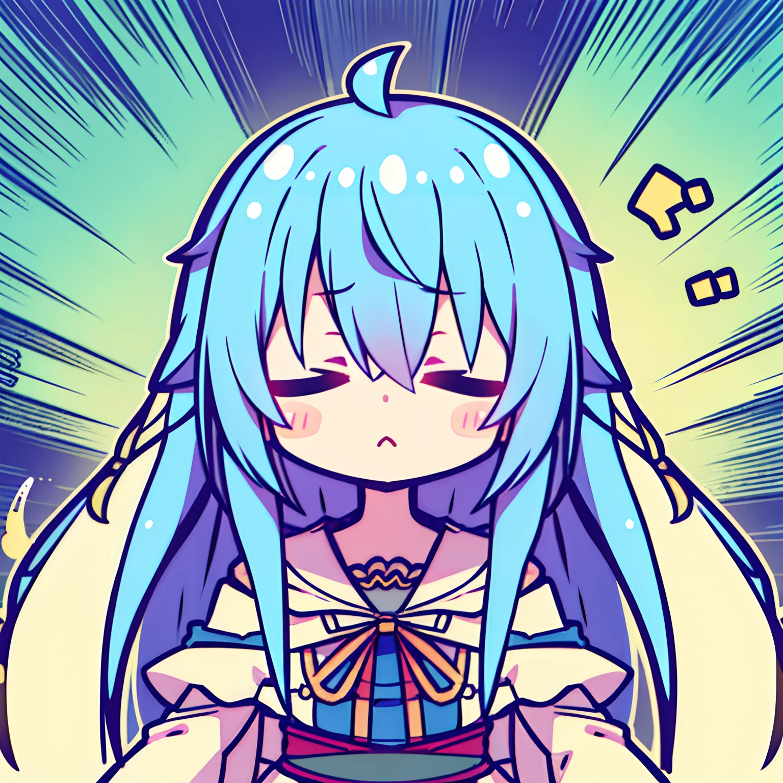 (Best quality, Masterpiece:1.2), Beautiful and detailed anime face, (Upper body), Elia Igo, 1girll, 独奏, Long hair, ahoge, sportrait, Vibrant colors, Soft lighting, (sigh, Close eyes:1.33),tchibi:1.3,