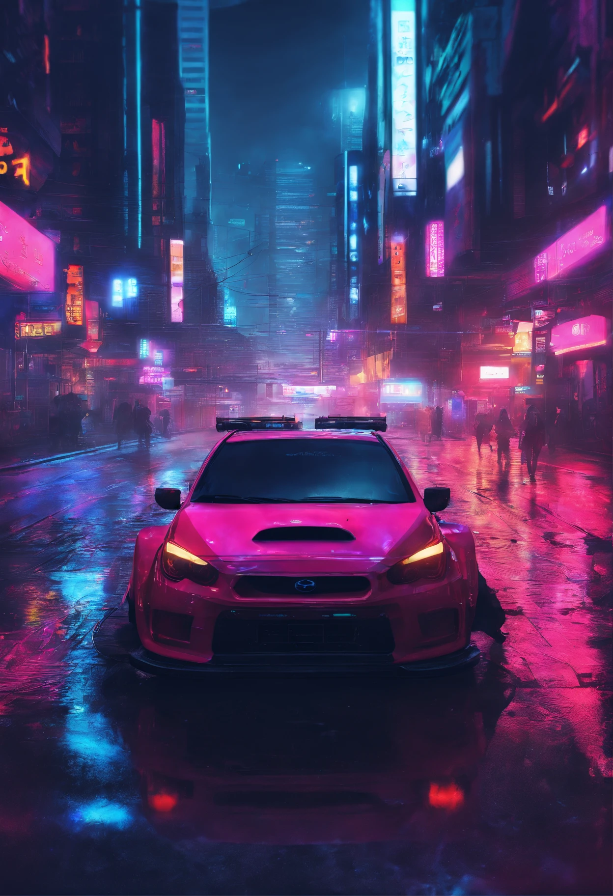 night, rain ,blue red lights one the streets, Subaru impreza wrx sti, 4k, city, a little smoke on the street, best quality, Ultra-detailliert, realistisch,Meisterhafte Kunstfertigkeit, die sich in jedem Detail zeigt. cyberpunk, night, Neon-lit streets, Verfolgungsjagd mit der Polizei, Japanese drift cars, jdm,