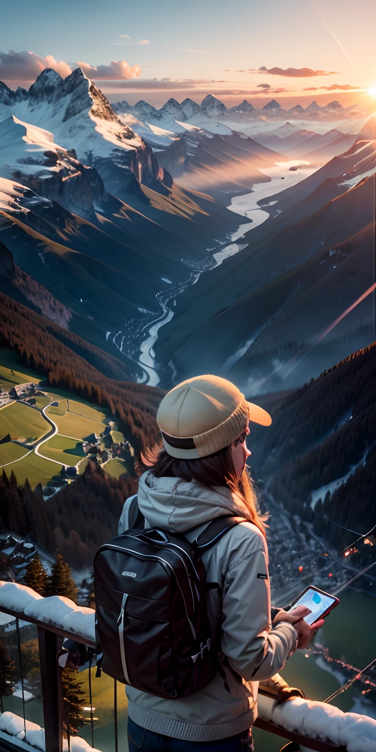 realisticlying、Switzerland、Mountains of Switzerland seen from the mountain cable with beautiful sunset々々々々々々Indicates first、19-year-old woman looking at