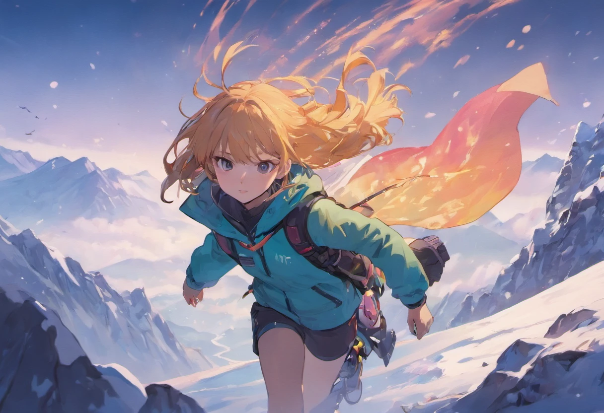 Broad lens,A girl walks towards the top of a snowy mountain,Climbing suit,Equip the backpack,Back shadow,Go ahead,full bodyesbian,mountain peaks,Solo,tmasterpiece,