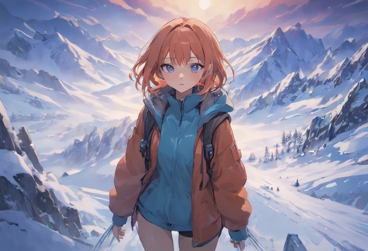 Broad lens,A girl walks towards the top of a snowy mountain,Climbing suit,Equip the backpack,Back shadow,Go ahead,full bodyesbian,mountain peaks,Solo,tmasterpiece,