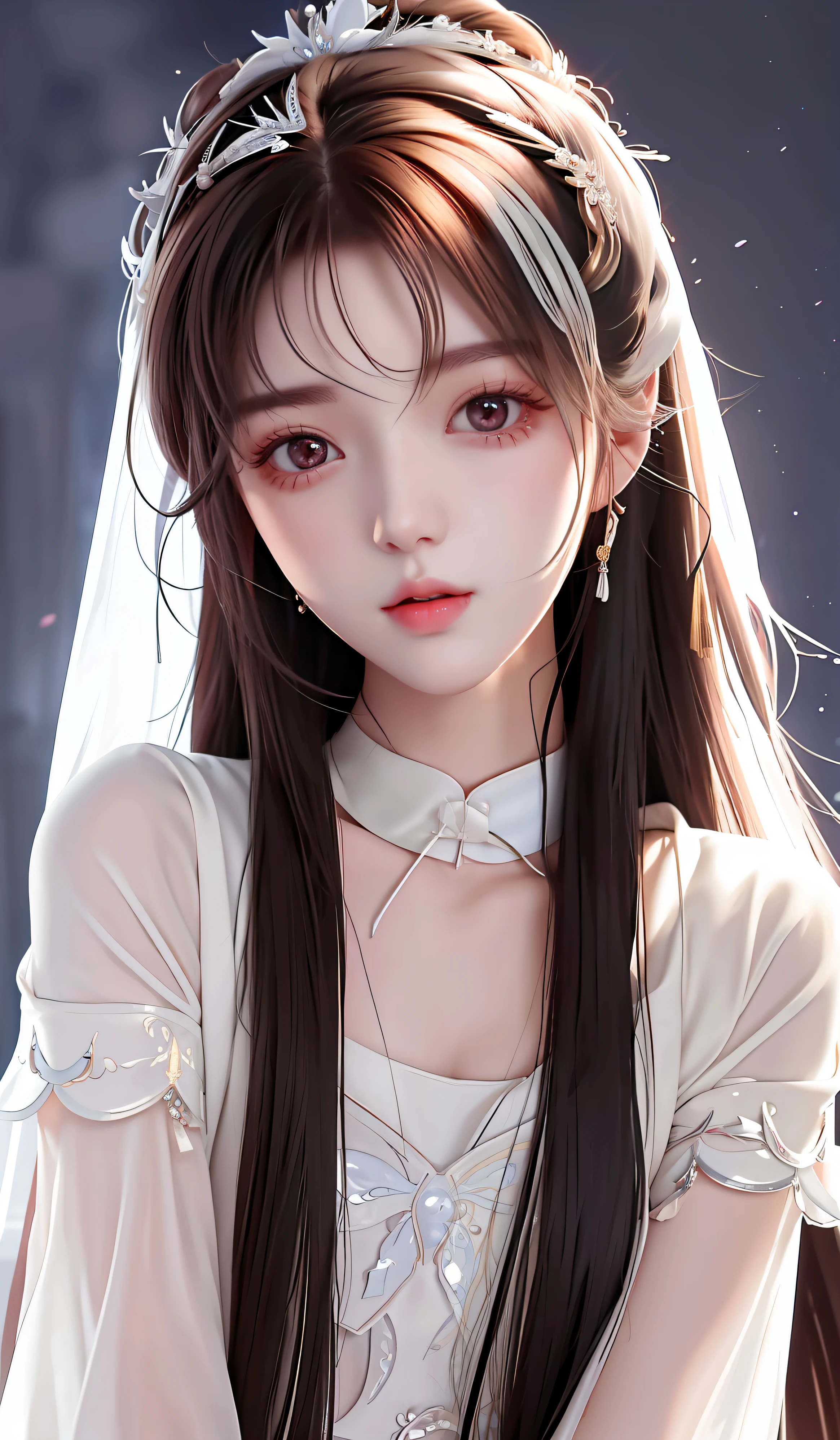Close up of a long haired woman in a white dress, young cute korean face, cute natural anime face, cute thin face of girl with long hair and harsh eyes, korean girl, wan cute korean face, beautiful korean woman, beautiful anime girl, ulzzang, stunning anime face portrait, girl, gorgeous young chinese woman