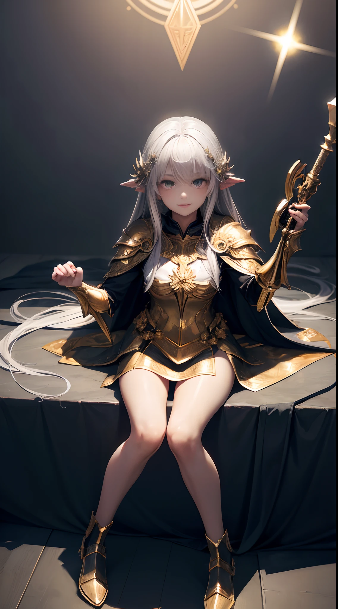 Full Body, Silver-haired young girl, golden eyes, angelic body and face, and a golden angelic armor with a mini skirt, wield a spear, wear a cloak, shield, and golden circlet, sitting on the throne of golden light, golden wings, sun, and moon background scene, the magic circle with a diamond star, innocent smile, stable diffusion v5, anime style v3, lora style v5, dynamic, image enhance, dream shape, vibrant, realistic face, 32k resolution, upscale, sharp focus, best quality, masterpiece, ghostmix, flat color, flat light.