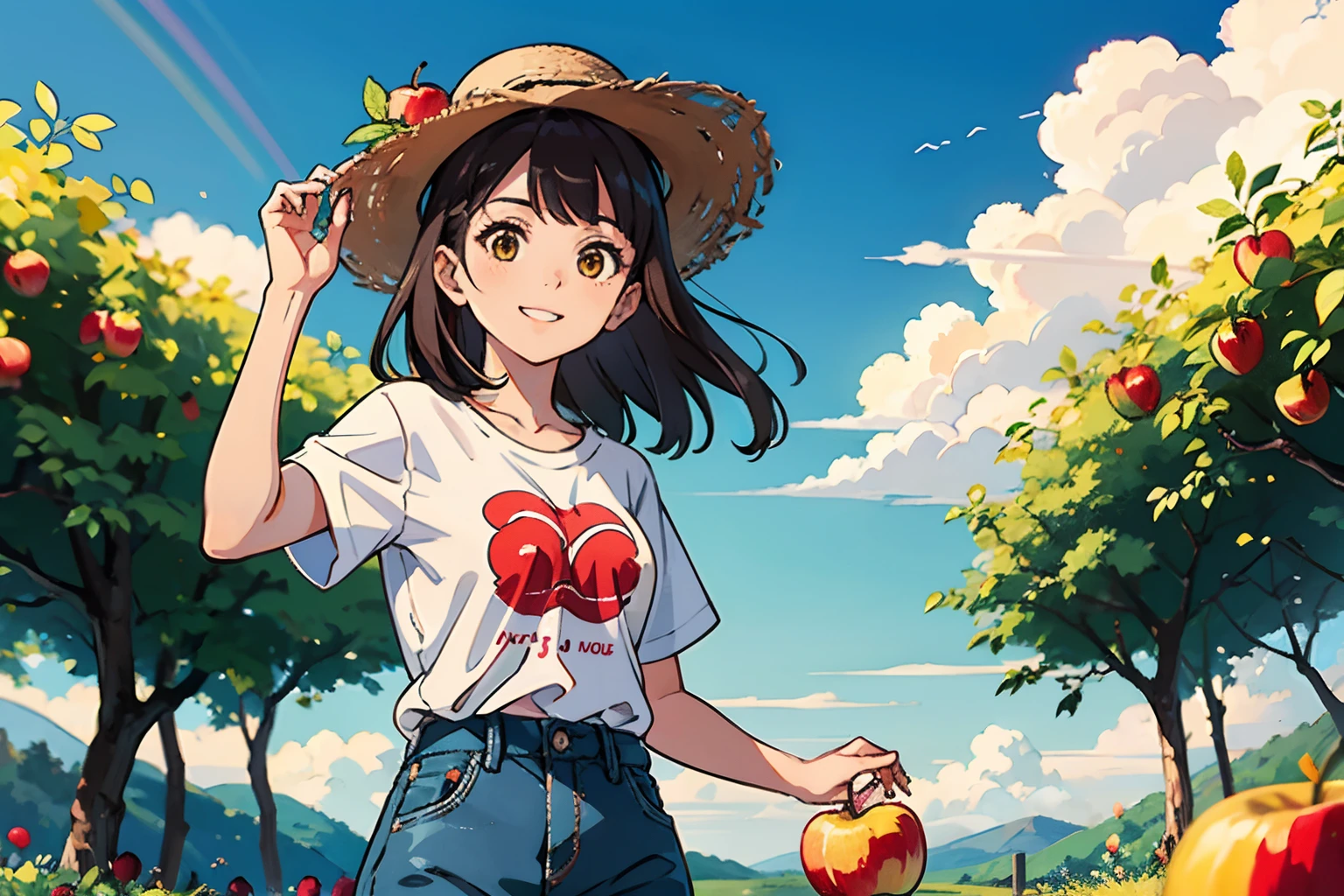 Best quality、超A high resolution、Broad lens,full bodyesbian、Sunny,rainbowing,In the colorful orchard,There are different fruits,grapes,apple,Bananas,de cor laranja,Long-haired girl working in the orchard、With a straw hat,Lots of apple trees、A lot of apples,Wear a boyfriend-style loose T-shirt,The action is lively and lively,Blue sky and white clouds,orchard, Cute happy smile