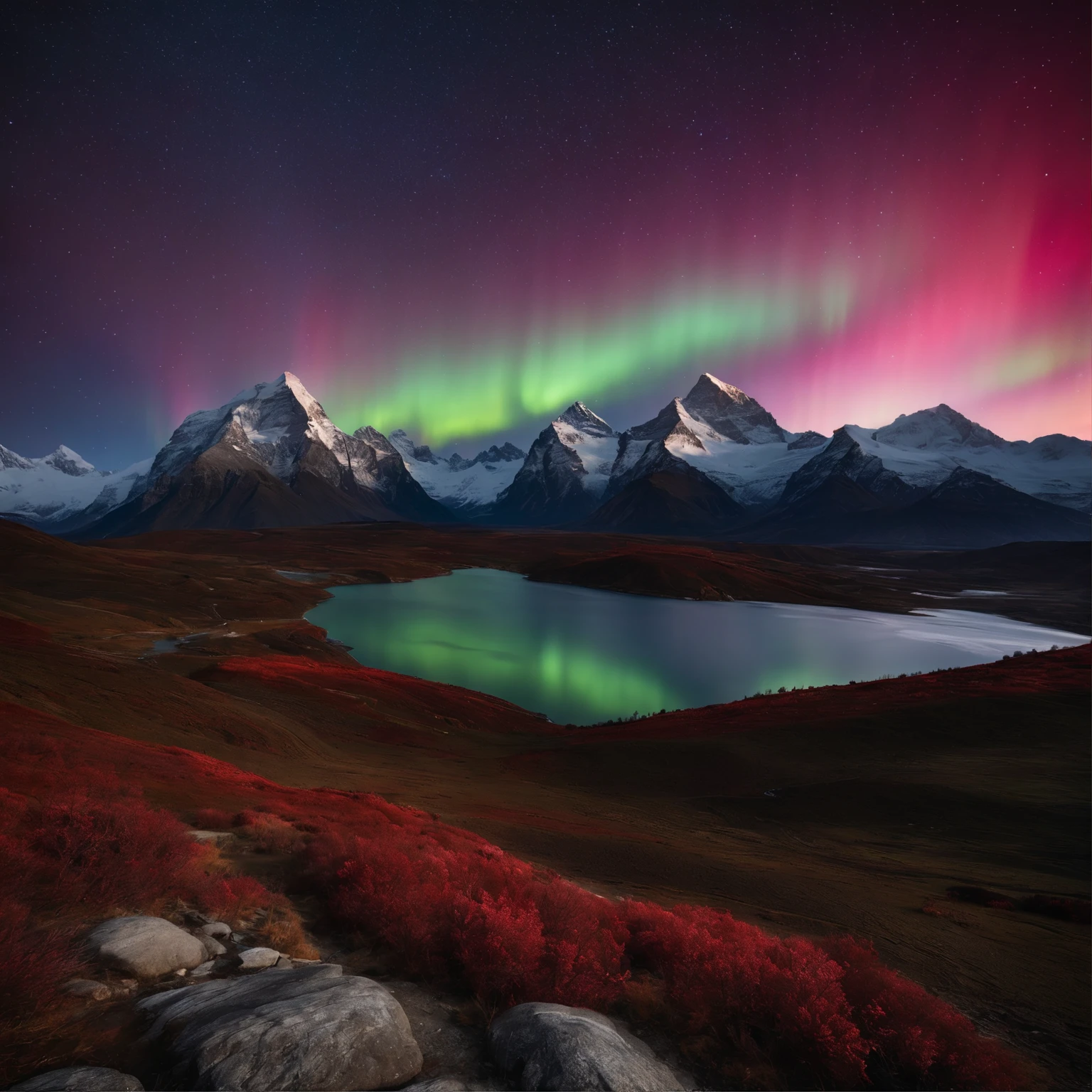Master Parts、Superior Quality、superior image quality、The 8k quality、Beautiful pictures of the starry sky、magnifica、Arched Milky Way:1.25、Mount Everest:1.5、(Red Aurora Borealis:1.25)