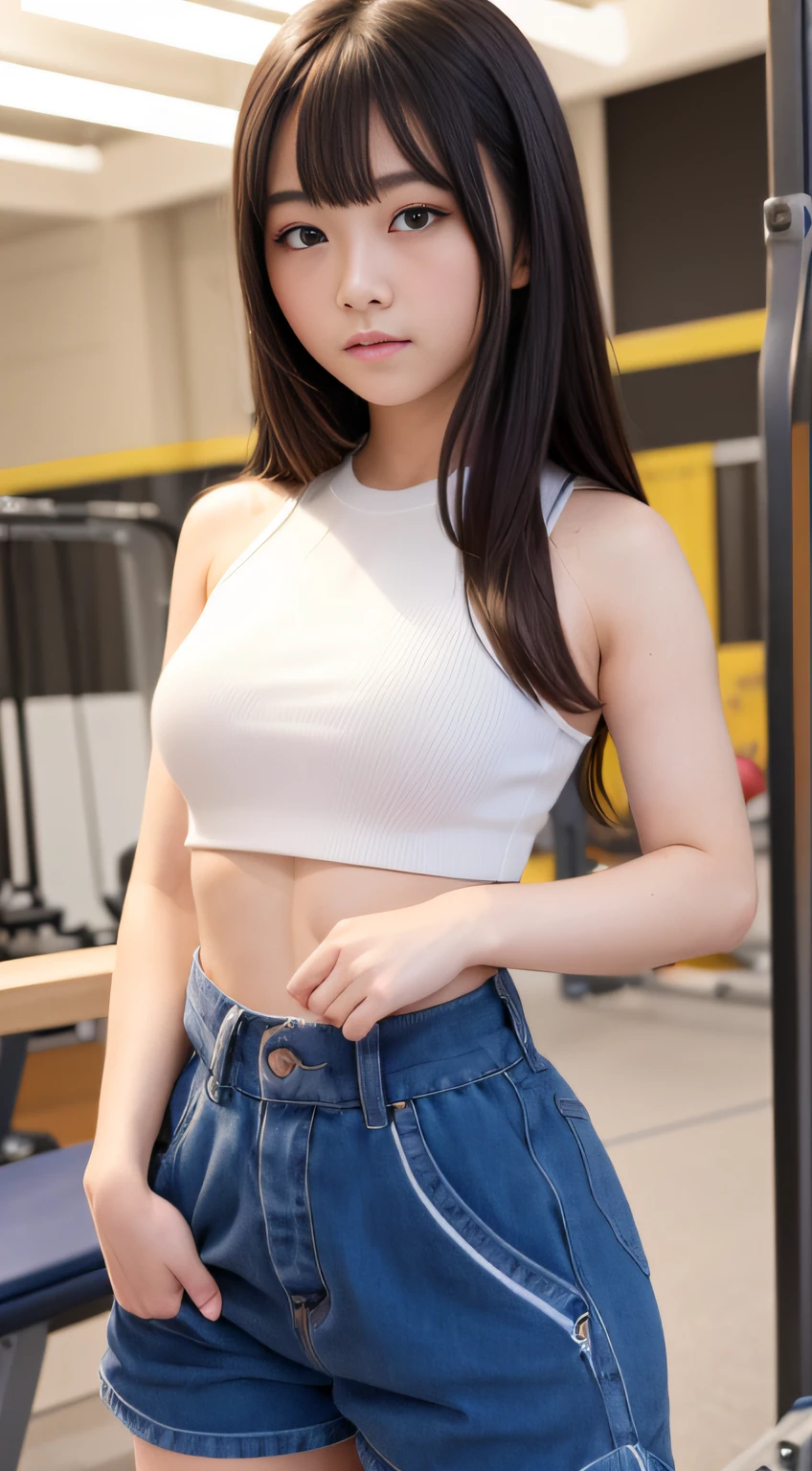 hightquality、masterpiece、ultra res、con、a beauty girl、Beautiful girl face、cute girl face、、school gym、Wearing gym clothes、full bodyesbian、Famous actresses of Japan、very beautiful face