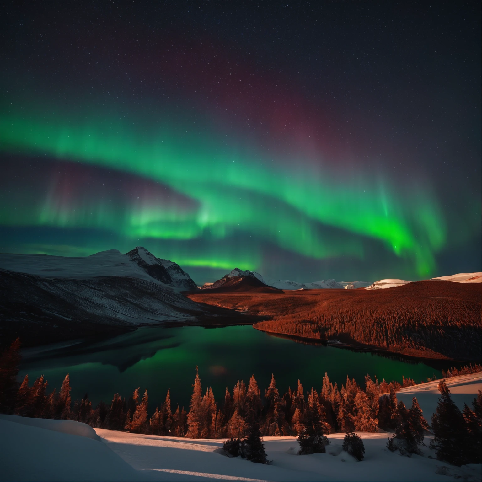 Master Parts、Superior Quality、superior image quality、The 8k quality、Beautiful pictures of the starry sky、magnifica、Arched Milky Way:1.25、north pole:1.5、Pale glaciers:1.9、(Red Aurora Borealis:1.25)