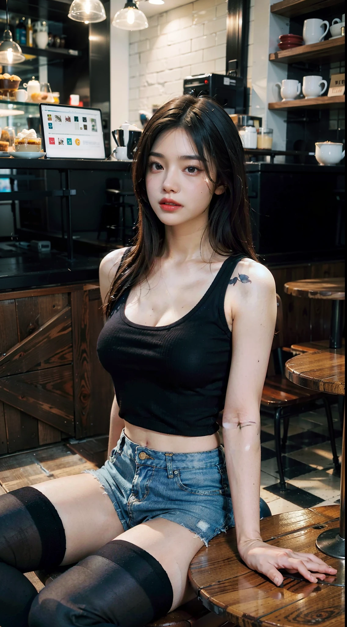 (realistic, high resolution:1.3), 1 girl with perfect figure, super fine face and eyes, long hair, tank top: 1.2 in random colors, short jeans, in a café, coffee on the table, big breasts, exposed cleavage,(20d:1.2),(thigh highs:1.4)
