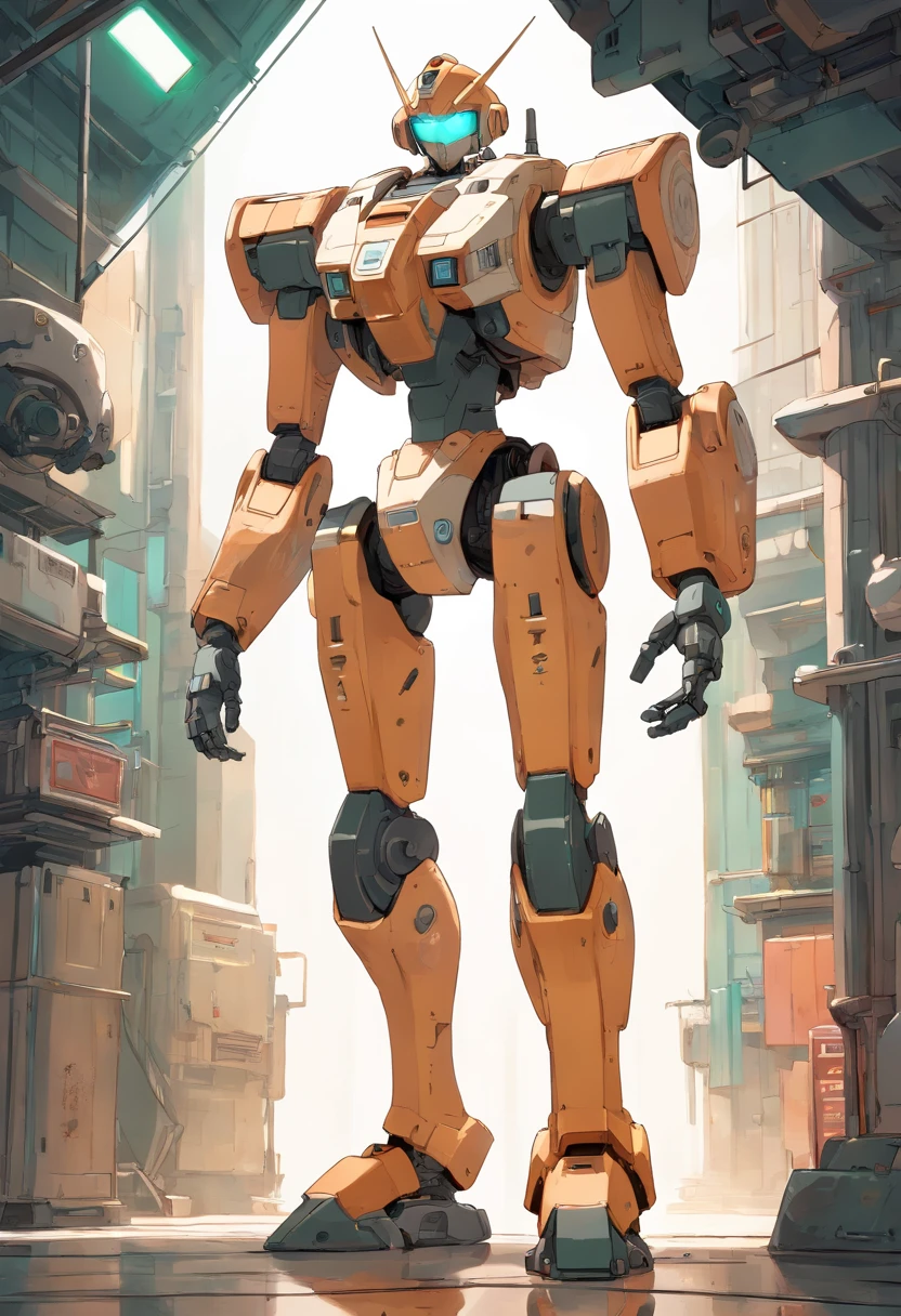Mech standing, frontal de corpo inteiro, simples_Background Story, Branco_Background Story, Aço Reggie, metalic, areia preta, Laser vision, Owtech, scientific fiction, Estilizado, Ghibli, flat monochrome drawing, luz e sombra realistas, Cyberpunk, Futuristic, arte digital, best quality, graphic animation, SFW, setor estelar, science fiction style, Produto de alta tecnologia, scientific fiction, fantasia, Detalhe muito detalhado, pintura digital, trends on artstation, arte conceitual, foco nítido, illustration,