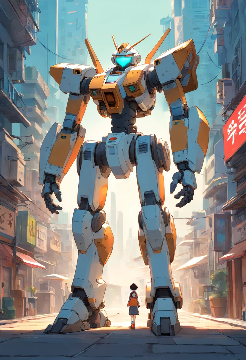 Mech standing, frontal de corpo inteiro, simples_Background Story, Branco_Background Story, Aço Reggie, metalic, areia preta, Laser vision, Owtech, scientific fiction, Estilizado, Ghibli, flat monochrome drawing, luz e sombra realistas, Cyberpunk, Futuristic, arte digital, best quality, graphic animation, SFW, setor estelar, science fiction style, Produto de alta tecnologia, scientific fiction, fantasia, Detalhe muito detalhado, pintura digital, trends on artstation, arte conceitual, foco nítido, illustration,