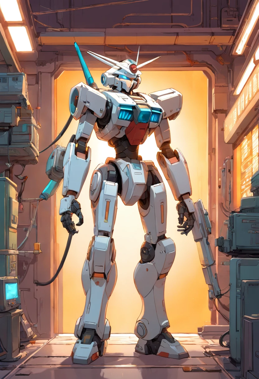 Mech standing, frontal de corpo inteiro, simples_Background Story, Branco_Background Story, Aço Reggie, metalic, areia preta, Laser vision, Owtech, scientific fiction, Estilizado, Ghibli, flat monochrome drawing, luz e sombra realistas, Cyberpunk, Futuristic, arte digital, best quality, graphic animation, SFW, setor estelar, science fiction style, Produto de alta tecnologia, scientific fiction, fantasia, Detalhe muito detalhado, pintura digital, trends on artstation, arte conceitual, foco nítido, illustration,