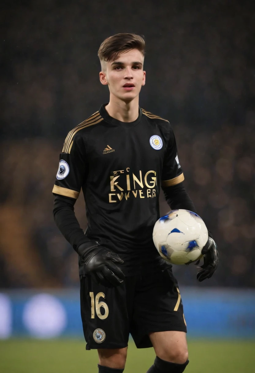 Homem Soccer Player in Leicester City, 16-year-old man, different face, different hair, black Nike gloves, promising player