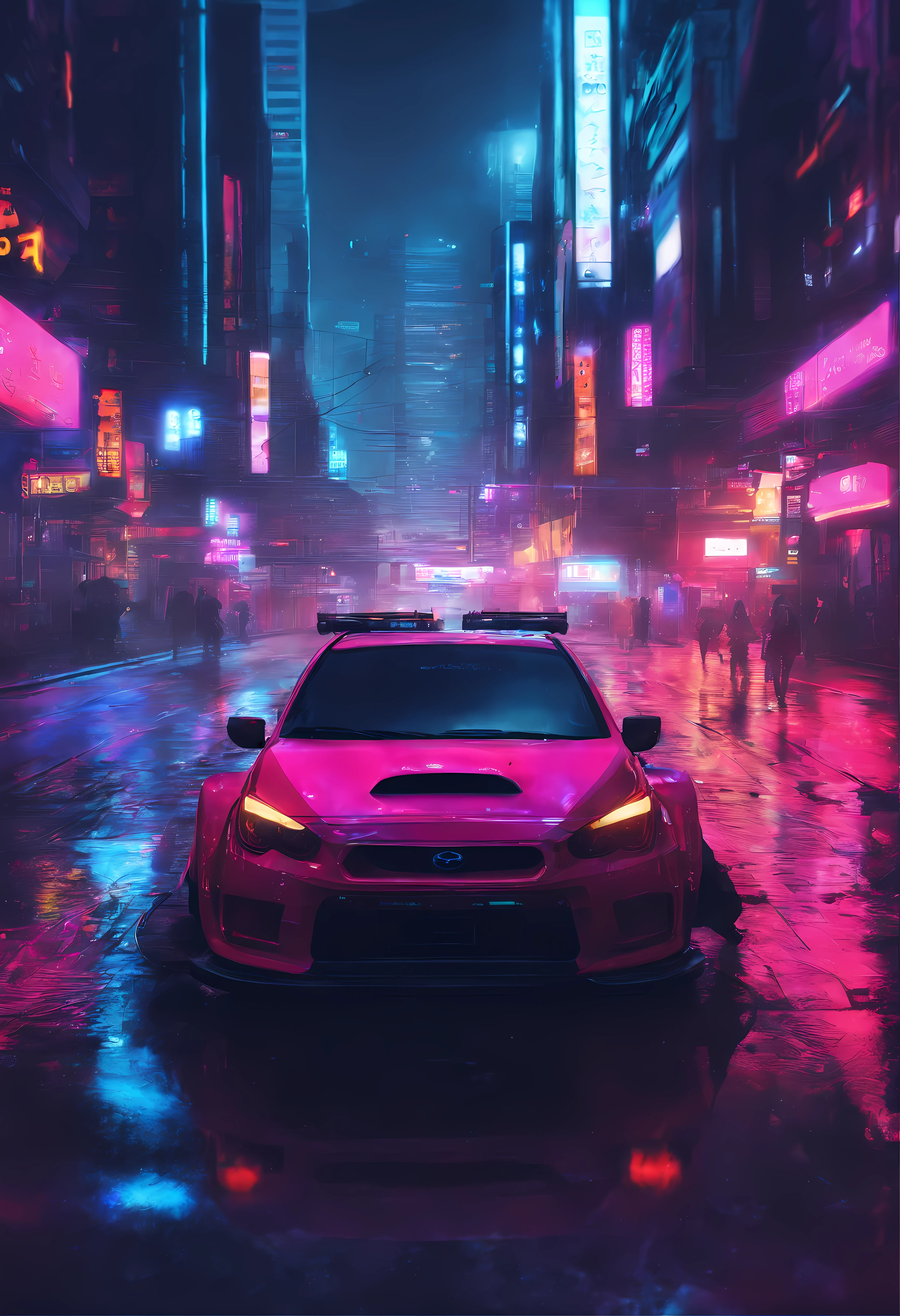 night, rain ,blue red lights one the streets, Subaru impreza wrx sti, 4k, city, a little smoke on the street, best quality, Ultra-detailliert, realistisch,Meisterhafte Kunstfertigkeit, die sich in jedem Detail zeigt. cyberpunk, night, Neon-lit streets, Verfolgungsjagd mit der Polizei, Japanese drift cars, jdm,