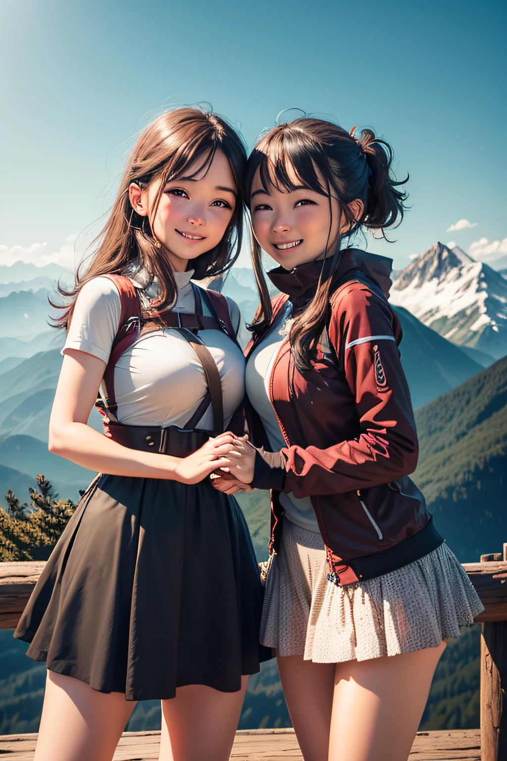 "Mountain adventure: On a trail or at a viewpoint with panoramic views, hold hands as you smile for the camera, Showing the emotion of the shared journey.”