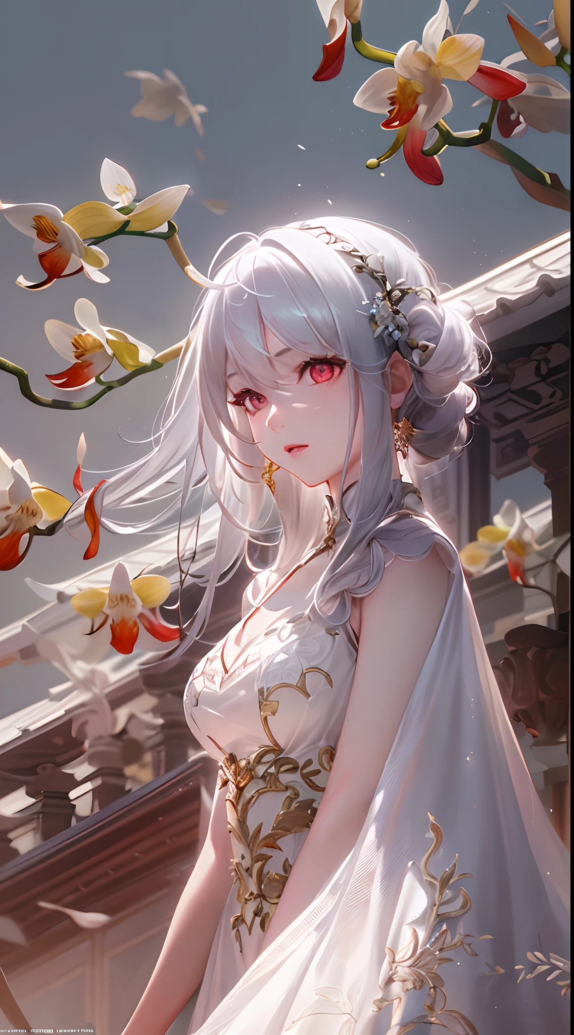 (CG 8k wallpaper extremely detailed, masterpiece, best quality, ultra-detailed), (better lighting, better shadow, extremely delicate and beautiful), floating, high saturation, dynamic angle, ((1girl)), gorgeous, ningguang(orchid evening dress) white hair, red eyes, very long hair, hair ornament, bangs