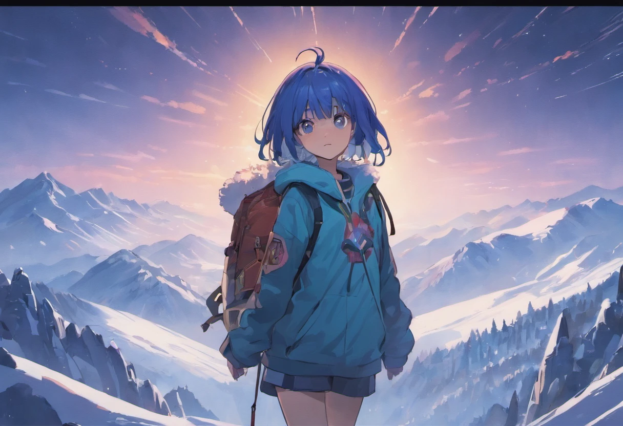 Broad lens，A girl walks towards the top of a snowy mountain，hiking clothes，Equip the backpack，Back Shadow，Back shadow，Go ahead，full bodyesbian，mountain peaks，Solo，tmasterpiece，