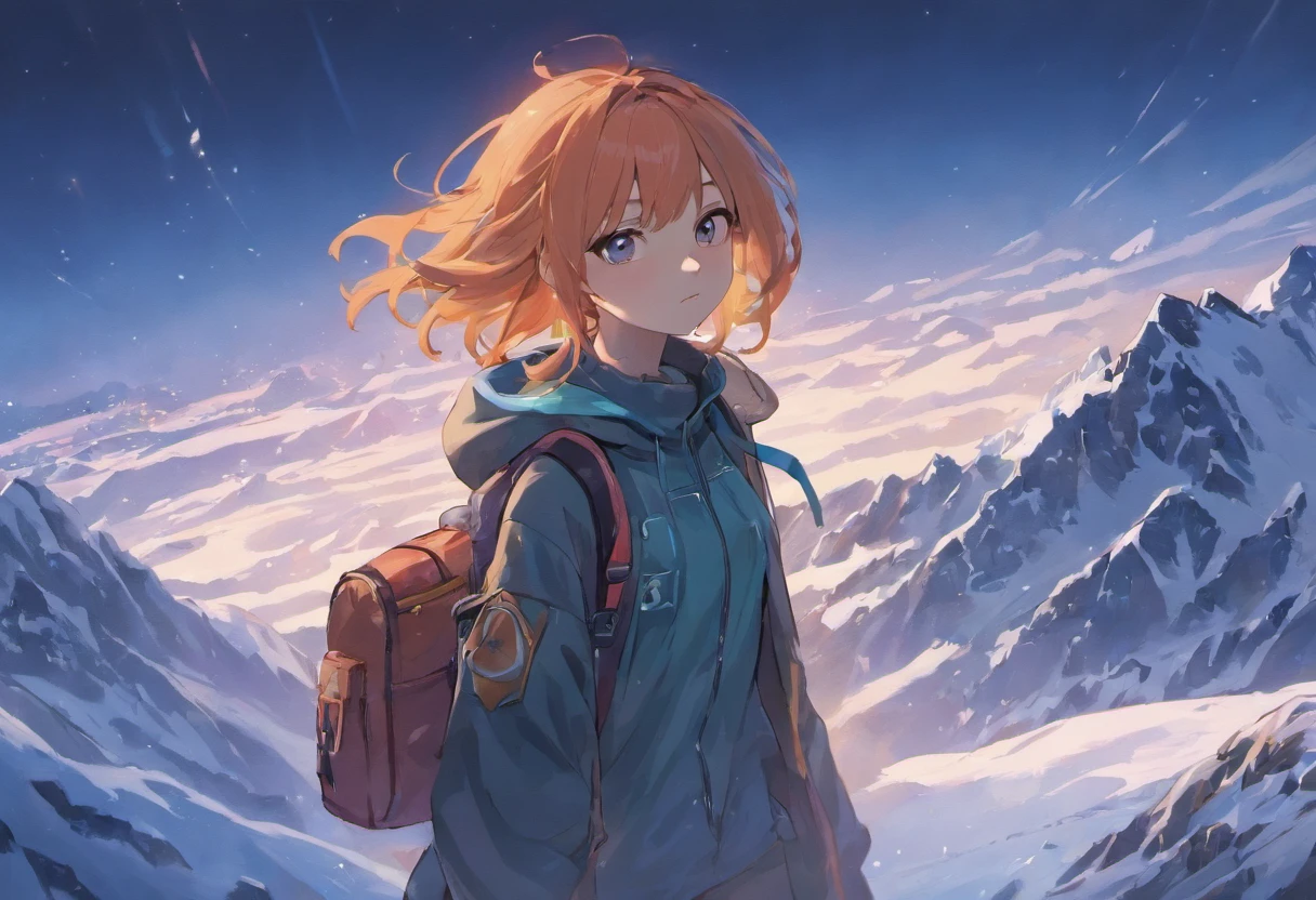 Broad lens,A girl walks towards the top of a snowy mountain,hiking clothes,Equip the backpack,Back Shadow,Back shadow,Go ahead,full bodyesbian,mountain peaks,Solo,tmasterpiece,