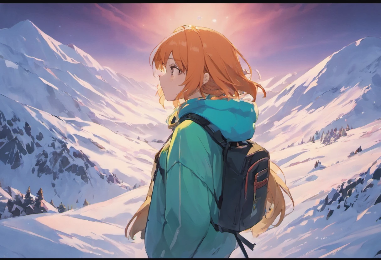 Broad lens,A girl walks towards the top of a snowy mountain,hiking clothes,Equip the backpack,Back Shadow,Back shadow,Go ahead,full bodyesbian,mountain peaks,Solo,tmasterpiece,