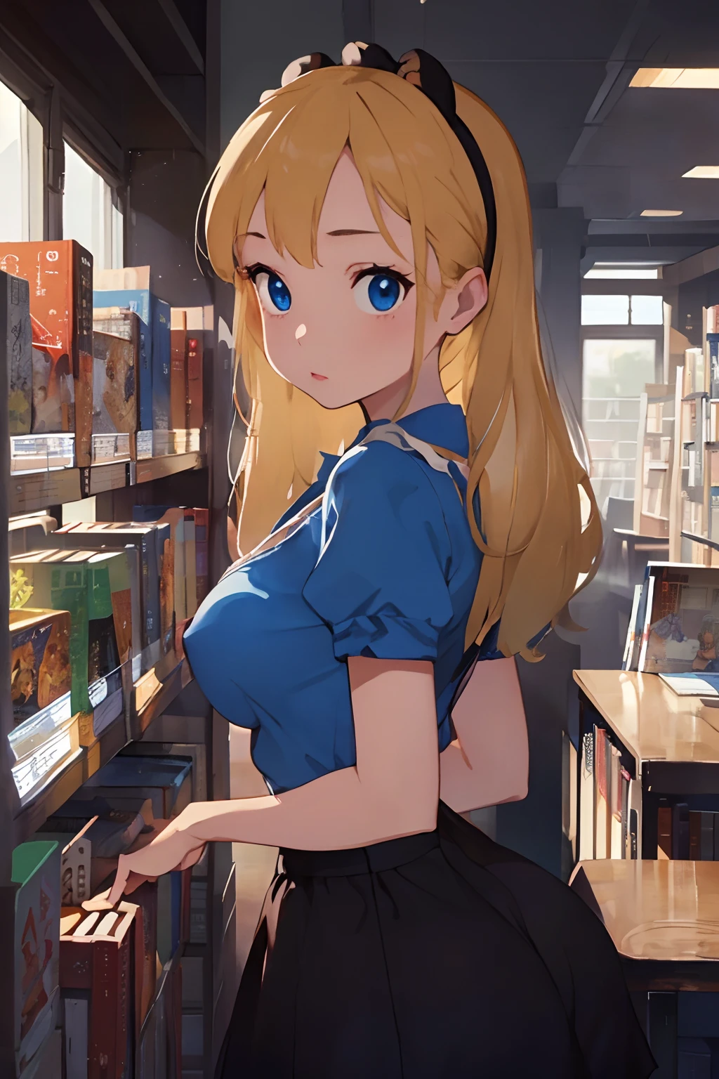 (masterpiece、top-quality;1.3)、ighly detailed、1girl in、atlibrary、alice liddell、Black Hair Band、Blonde long hair、big breast beauty、barechested、s ass
