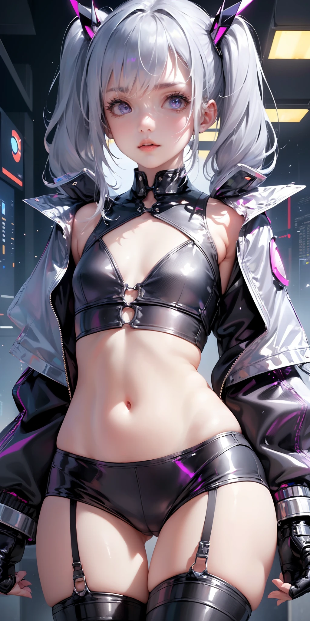 ((masterpiece:1.4, best quality))+, (ultra detailed)+, (detailed screen UI design:1.4),1girl,cute girl doing live streaming,(detailed layout)+, including elements such as chat box, side bar, (icon),She's in the sidebar of the screen,silver hair,pale-blonde long twintails, violet eyes, cyberpunk,,(white thighhighs), cute girl,blue clothes,(flat chest:1.3), (english text:1.25),