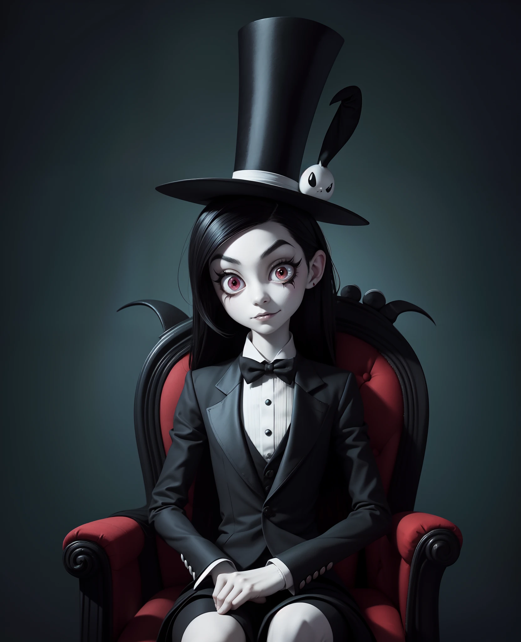 A rabbit in a top hat sits on a chair, in the style of nightmarish creatures. In the style of Adrian Ghenie, Esao Andrews, Jenny Saville, Edward Hopper, surrealism, Dark Art by James Jean, Takato Yamamoto, Inkpunk minimalism. In Tim Burton style. Addams Family style. In the Corpse Bride style.