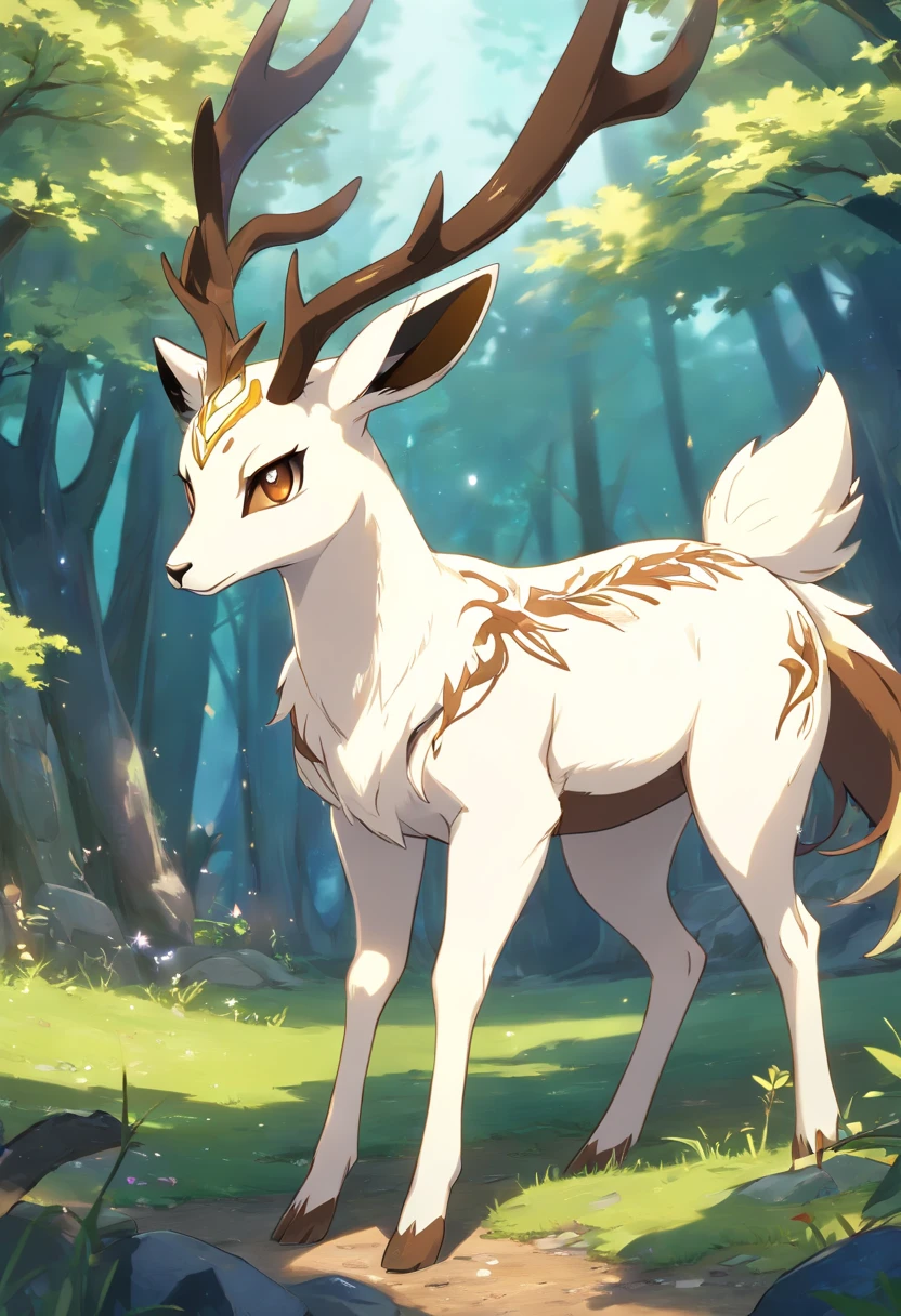 a detailed anime drawing of a huge ornate ((white and brown)) female deer resembling the ((pokemon xerneas)) with ((deep brown eyes)) and coming off of its body like armor that gives off a dangerous aura with large antlers laying down while looking at the camera