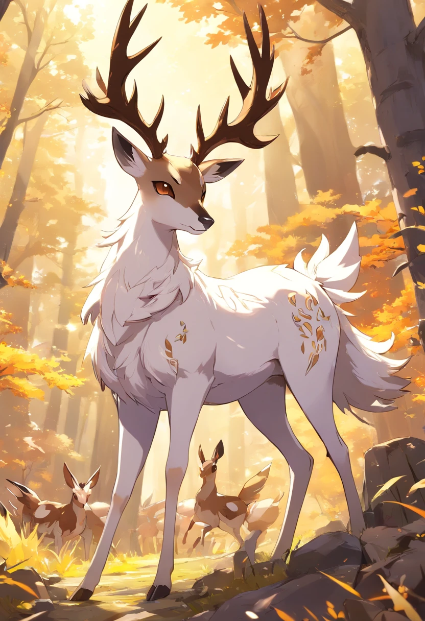 a detailed anime drawing of a huge ornate ((white and brown)) female deer resembling the ((pokemon xerneas)) with ((deep brown eyes)) and coming off of its body like armor that gives off a dangerous aura with large antlers laying down while looking at the camera