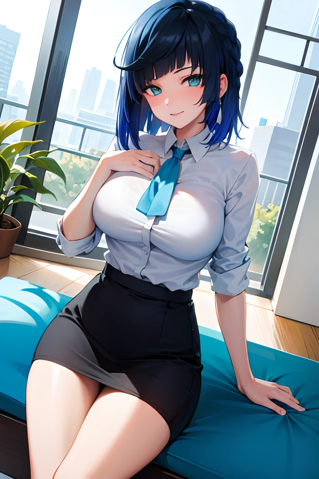 ((masterpiece, best quality)), (1girl),((mature female)), blue hair, ((office lady )),bangs,middle breast,(busty),slim,smile, [wide hips],office,standing, sleeping on the couch