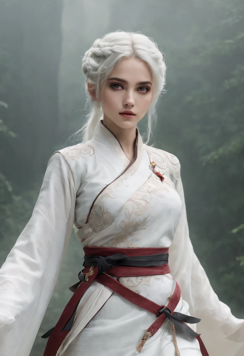 Cirilla Fiona Elen Riannon，动态照明，art  stations，poster for，Volumetriclighting，Very detailed faces，4k wallpapers，He has a delicate and beautiful face，long hair flowing，horse tailed，Fringed Hair Ornament，Dynamic perspective，White Hanfu，White gauze flying，red waistband，Sexy，Tradition Chinese Ink Painting，Surrounded by clouds，fog atmosphere，Ride a white dragon，White dragon horn，dynamic viewing angle，电影灯光