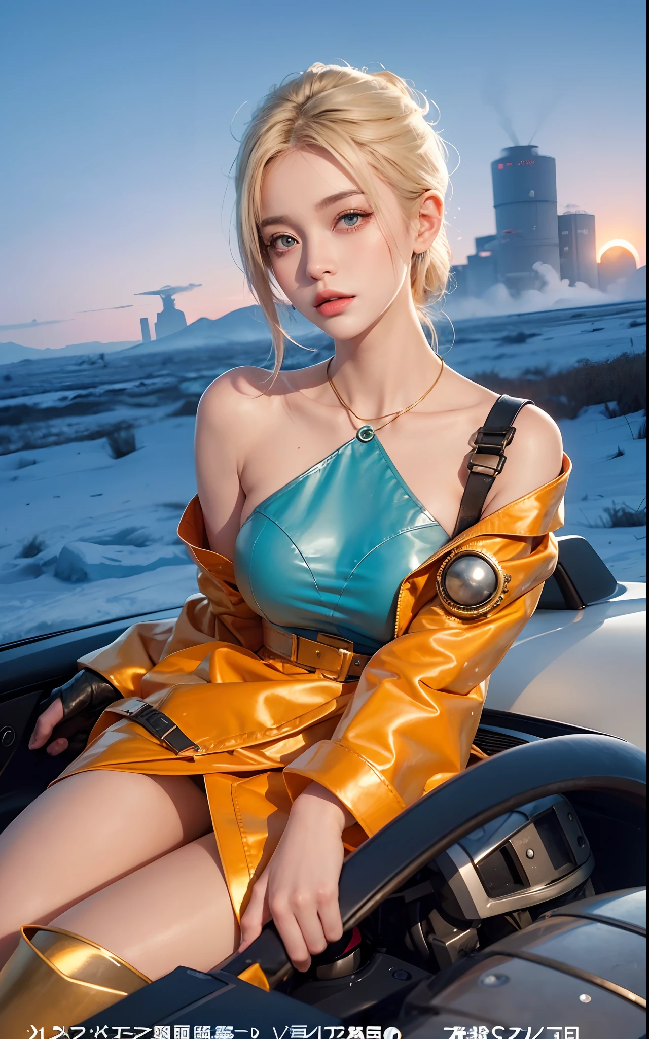 Glasses, from_above, crop top of the navel top, detailed face, yellow vest with white hair, snow white skin, 1 girl, personality sunglasses, woman, bright colors, bokeh background, stressed subject, dramatic colors, raindrops, big breasts, 8k, best picture quality