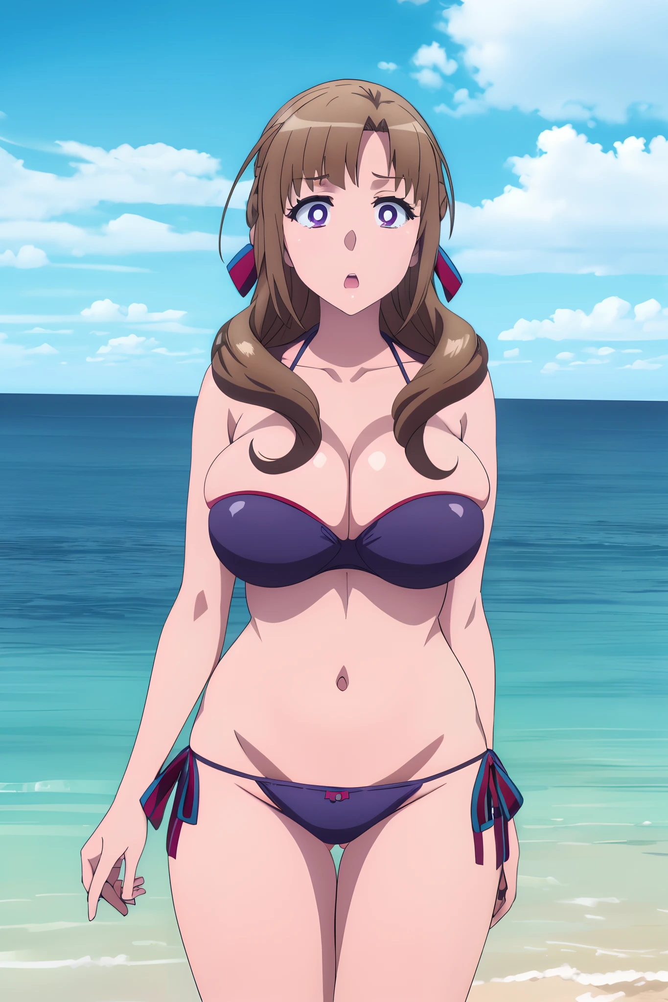 hightquality、masutepiece、mamako_oosuki,Long hair,Brown hair,Purple eyes,maturefemale,,Bright pupils,bow ribbon,bikini of,(huge-breasted:1.4).Sea,Water,Wet