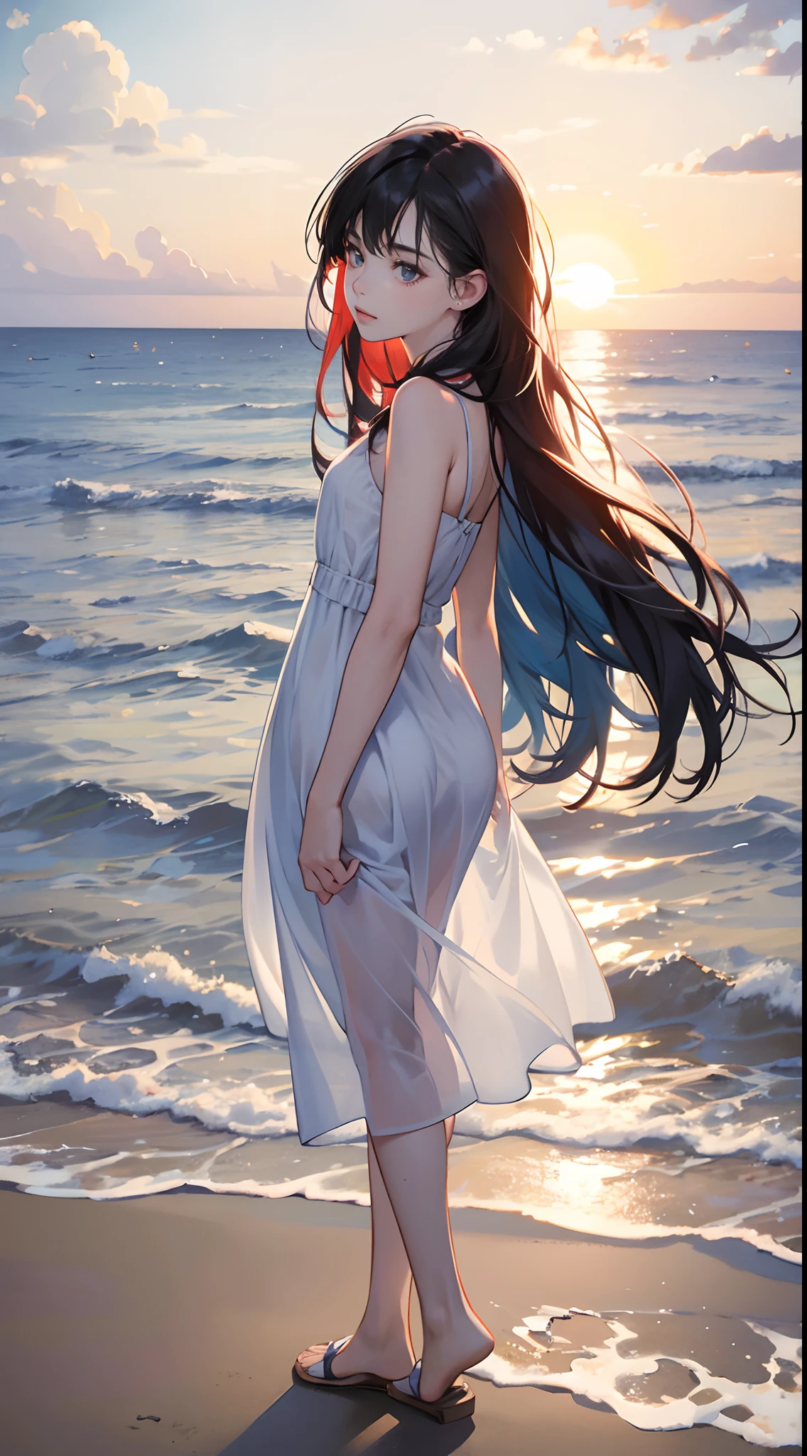 (Best Quality,4K,High resolution), 18yo woman, Red-black mesh hair, long, straight haired, ,Delicately drawn illustrations down to the smallest detail, Realistic portrayal,outside of house,the setting sun,Background,Standing on the beach,bare-legged,A refreshing morning,glimmering light,sideways Facing,Turn your face to the side,Fixing his gaze on the sea,Eyes looking into the distance,Look away,Cold eyes,stroll,Refreshing colors,White sleeveless,long-one-piece dress,Oversize,cute little,Cool Woman,Scenery of a walk,End of summer,Despressing