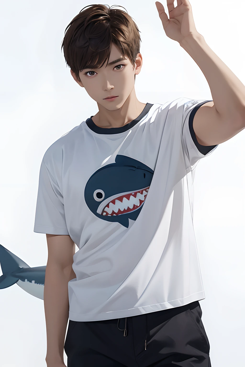 White background、FULL BODYSHOT、an oil painting、Live-action、masterpiece、top-quality、hight resolution、Light brown hair、short hair、20Only male、Serious look、Shark printTThe shirt、BlueTThe shirt、Cargo pants、Black shorts、小柄、asian human